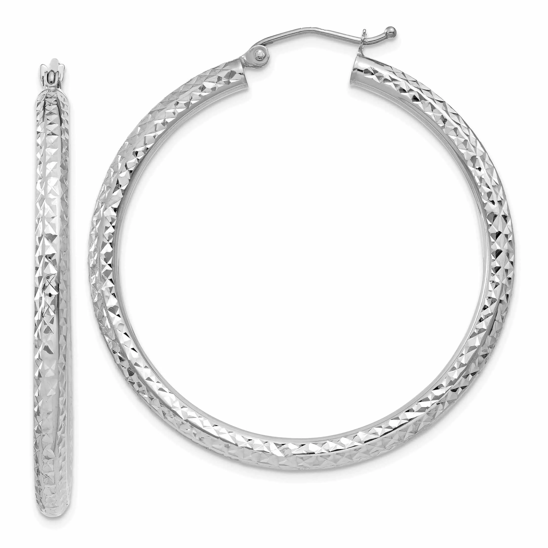 10k White Gold D.C 3MM Polished Round Hoop Earring