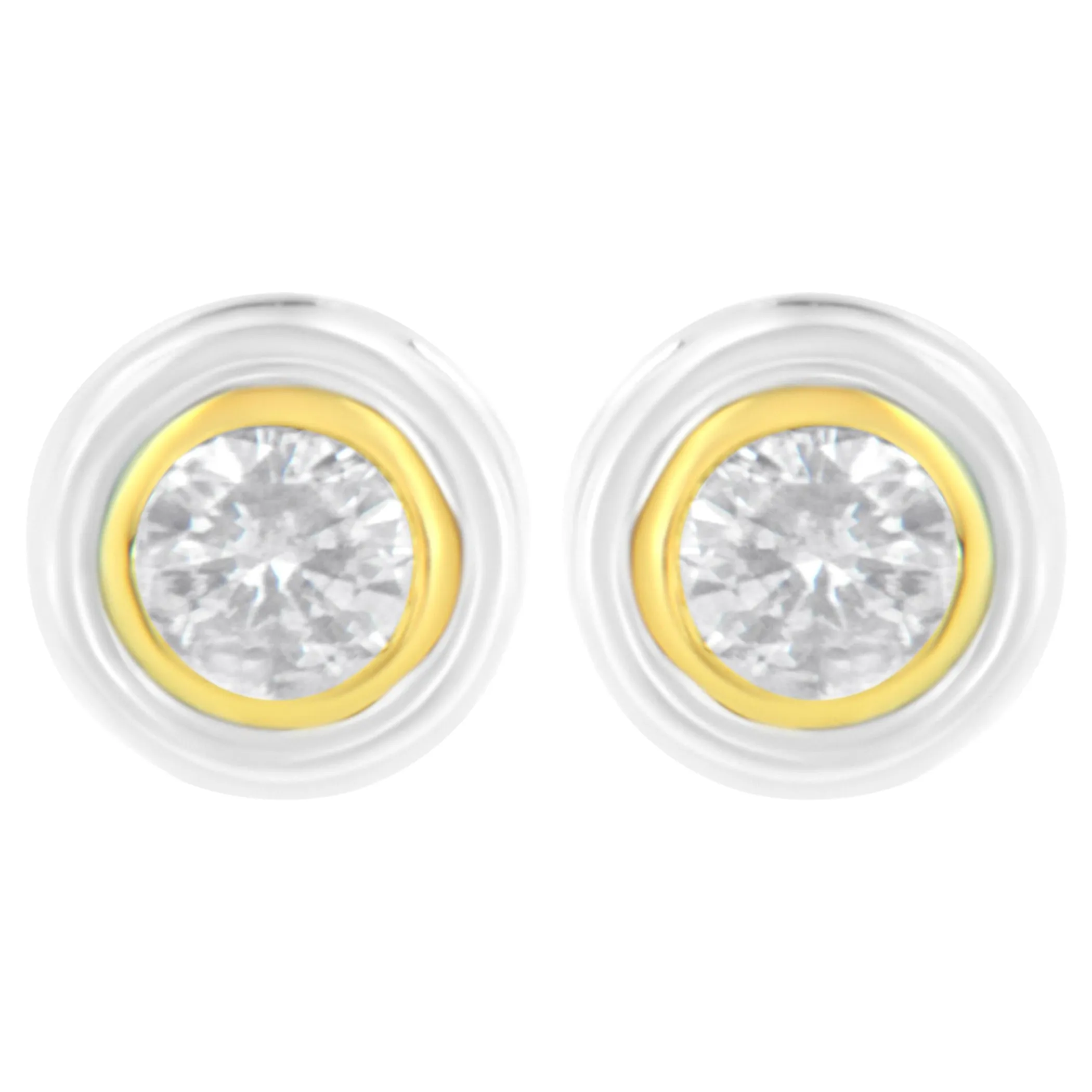 10K Yellow & White Two-Tone Gold 1/5 Cttw Round Brilliant-Cut Near Colorless Diamond Bezel-Set Stud Earrings with Screw Backs (J-K Color, I1-I2 Clarity)