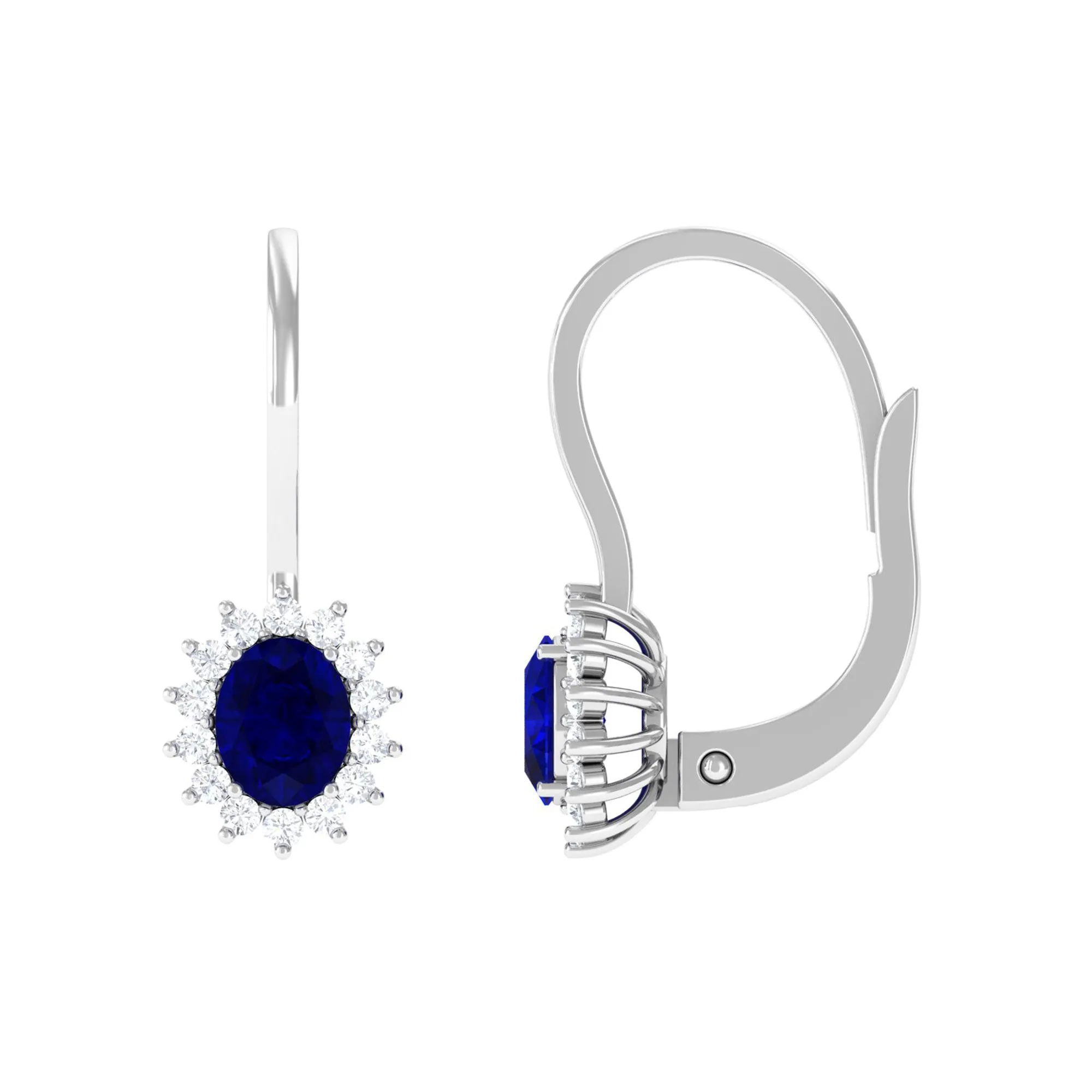 1.25 CT Oval Blue Sapphire Drop Earrings with Diamond Halo