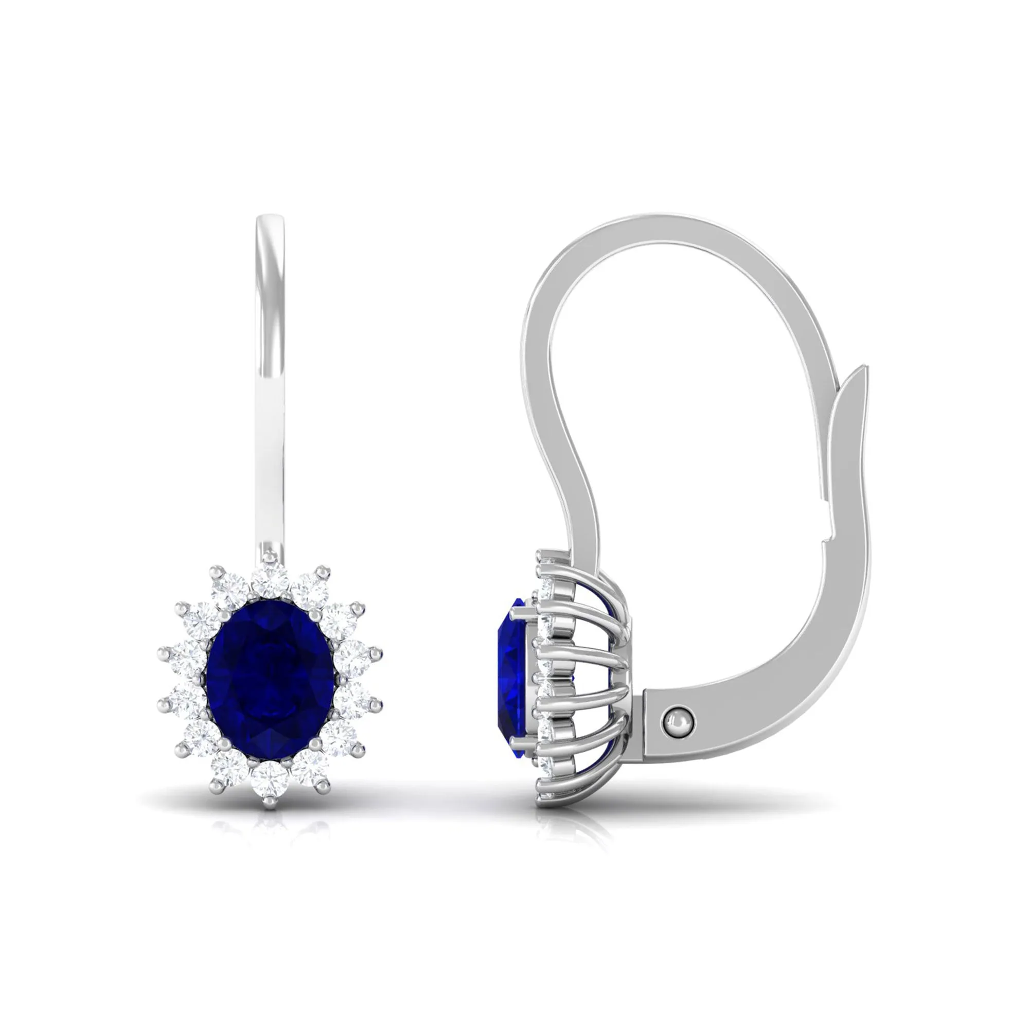 1.25 CT Oval Blue Sapphire Drop Earrings with Diamond Halo