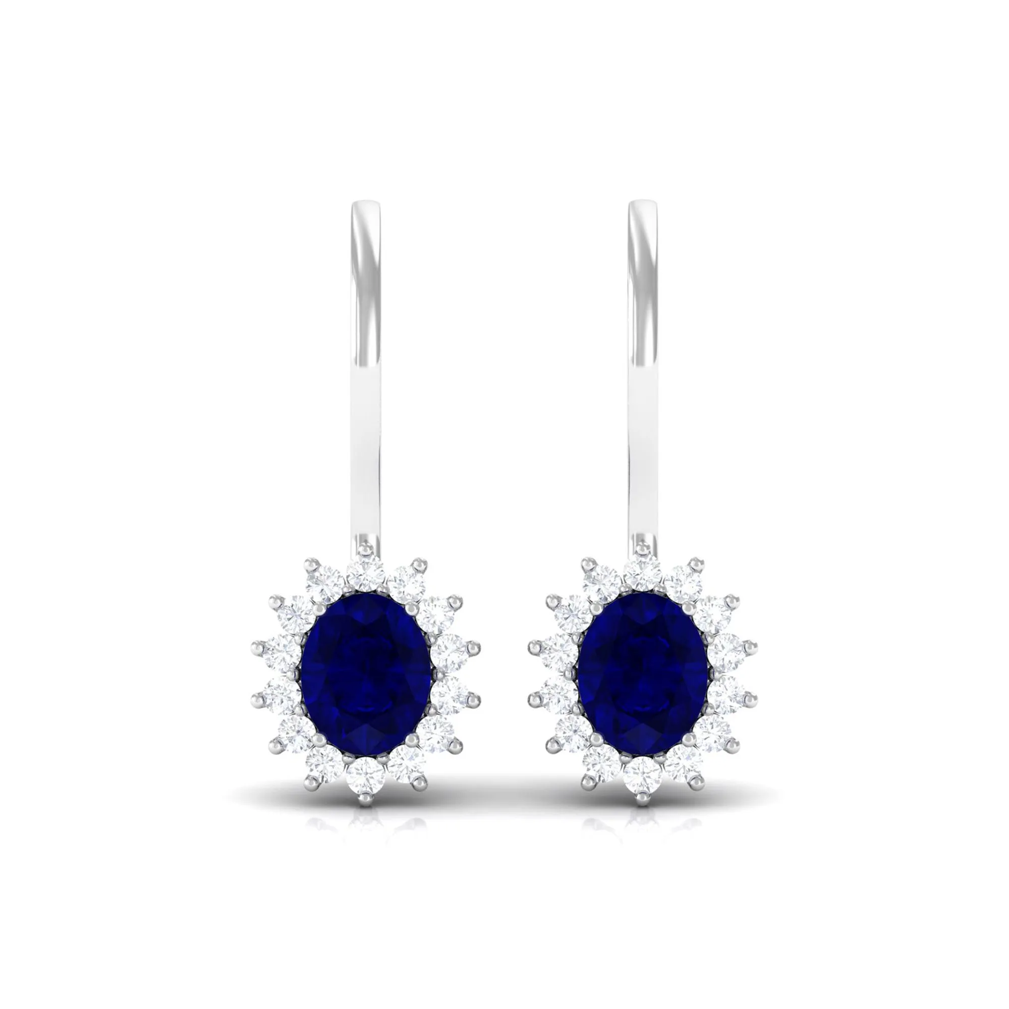 1.25 CT Oval Blue Sapphire Drop Earrings with Diamond Halo