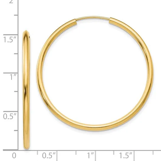 14k Gold 2 mm Wide Round Endless 40 mm Hoop Earrings