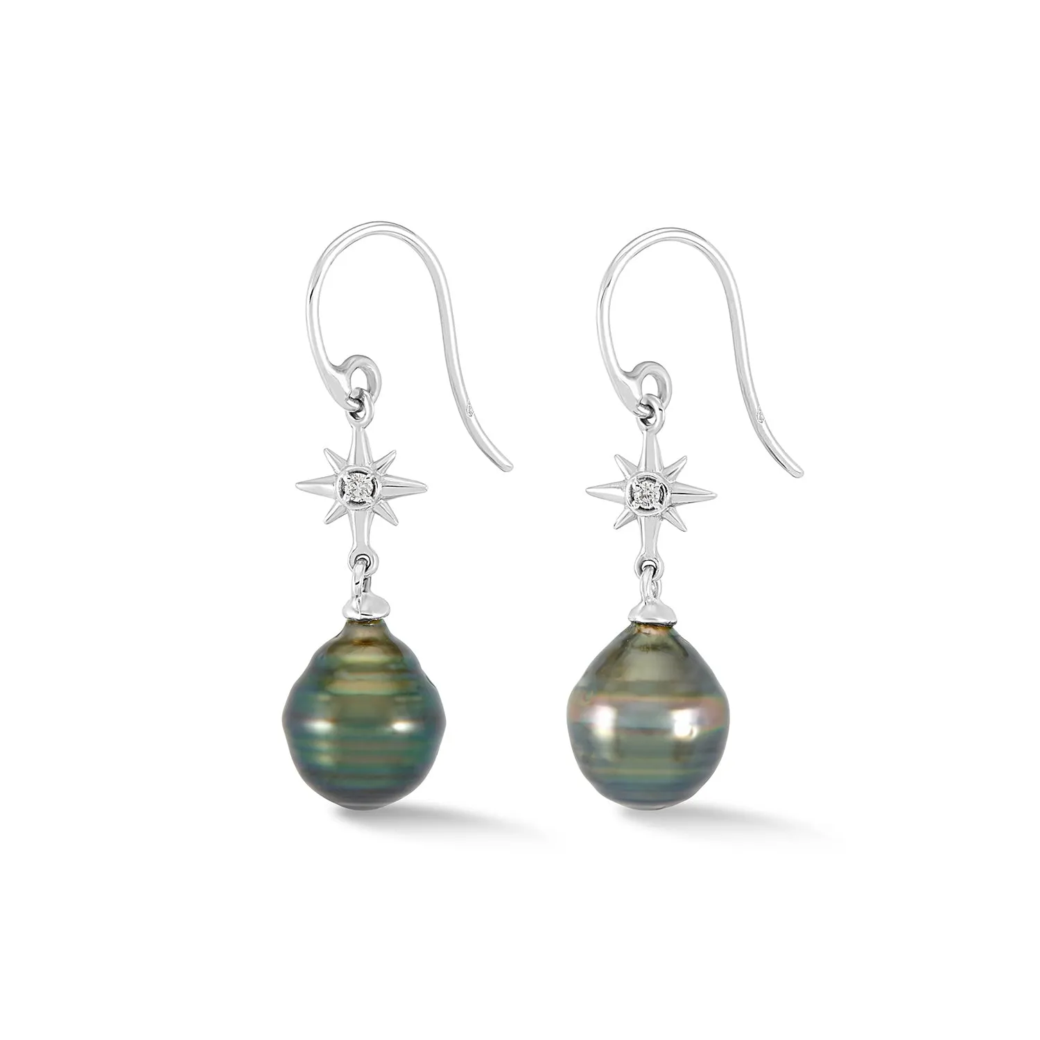 14k Gold & Diamond North Star Ear-Drops with Tahitian Pearl