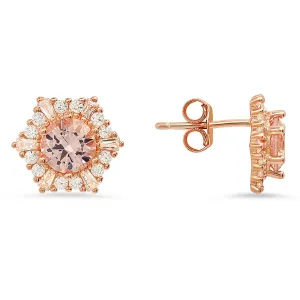 14k Rose Gold Over Silver Hexagon Morganite CZ Halo Stud Earrings