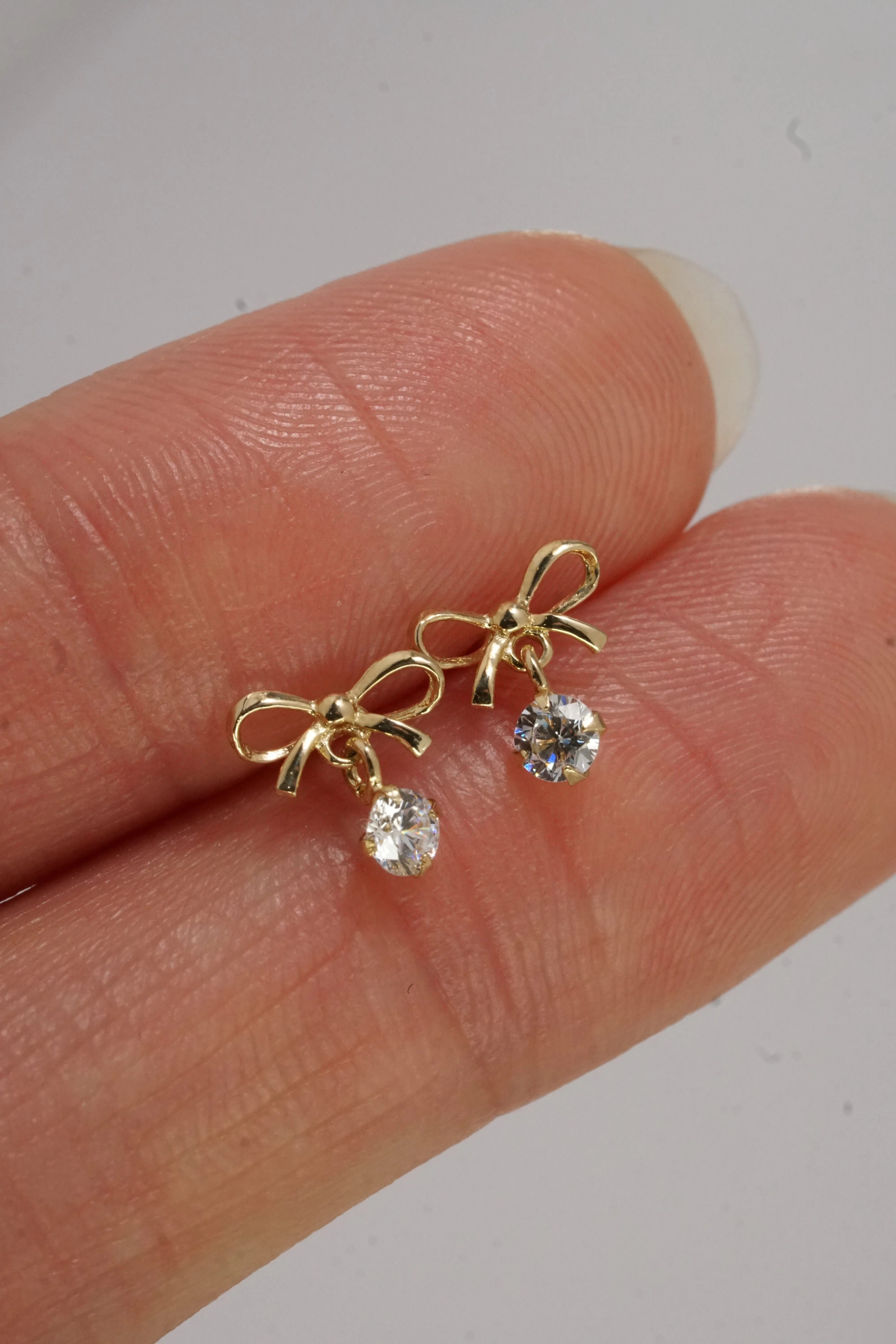 14K Solid Gold Dainty Bow CZ Dangle Stud Earring