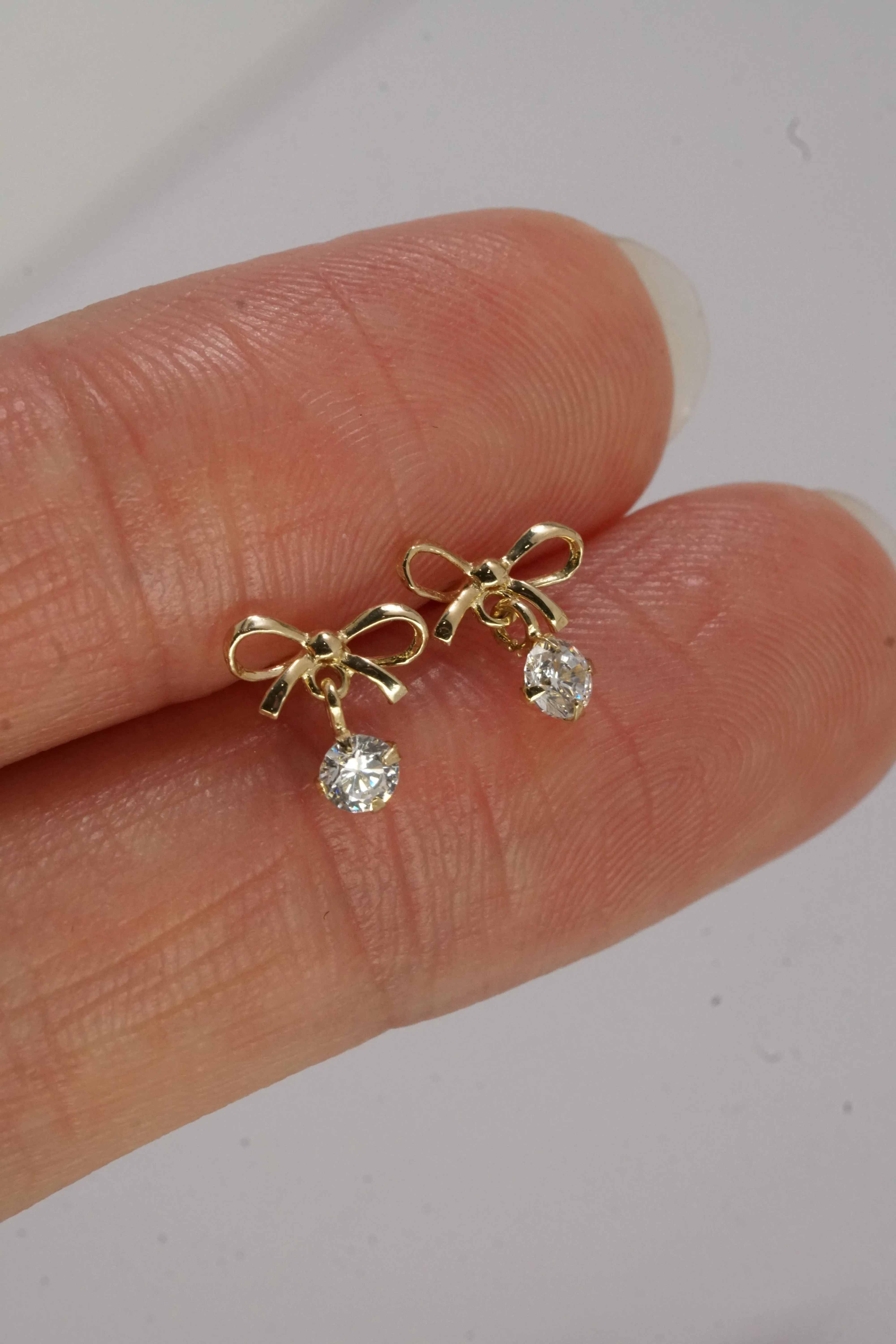 14K Solid Gold Dainty Bow CZ Dangle Stud Earring