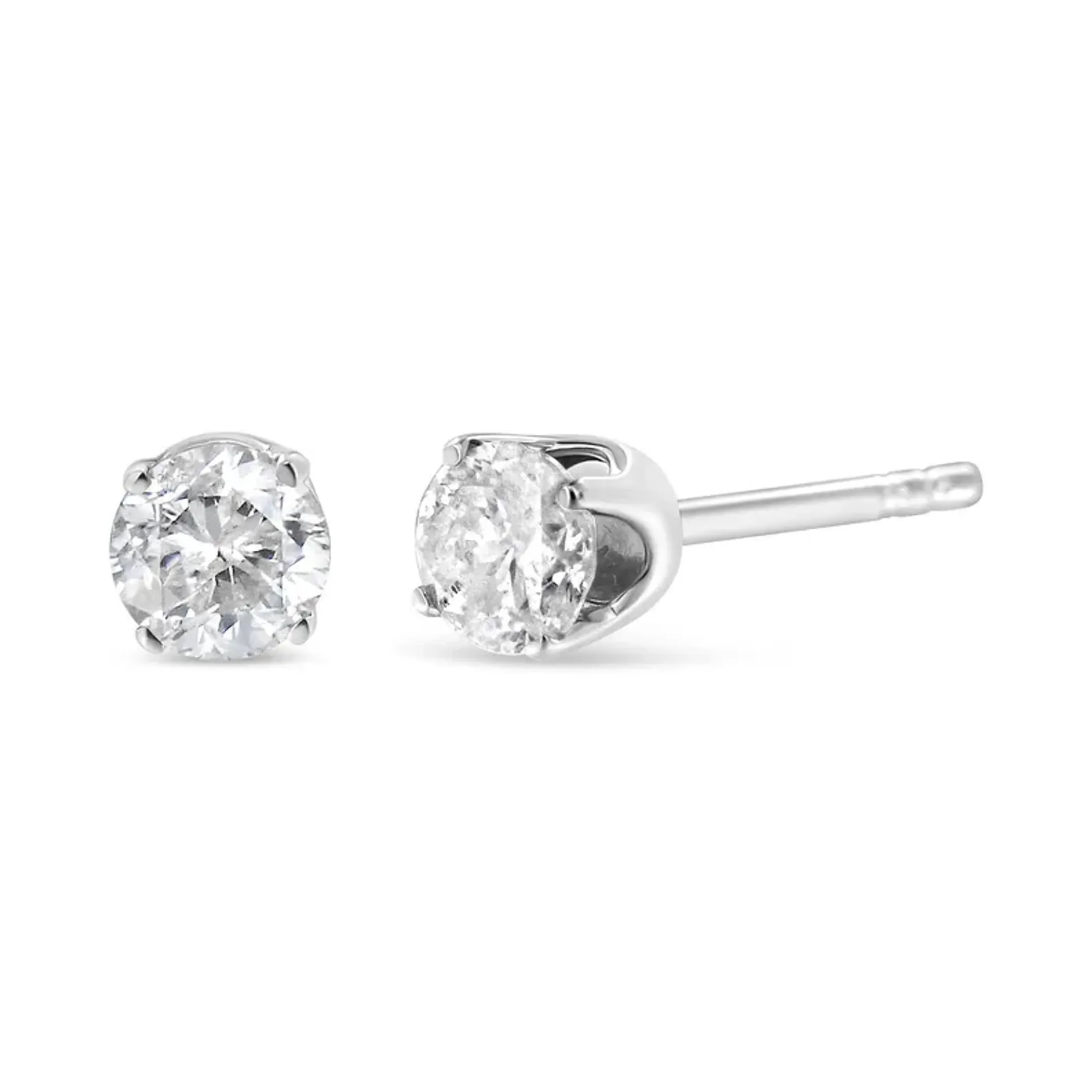 14K White Gold 1/12 Cttw Round Brilliant-Cut Near Colorless Diamond Classic 4-Prong Stud Earrings (H-I Color, I1-I2 Clarity)