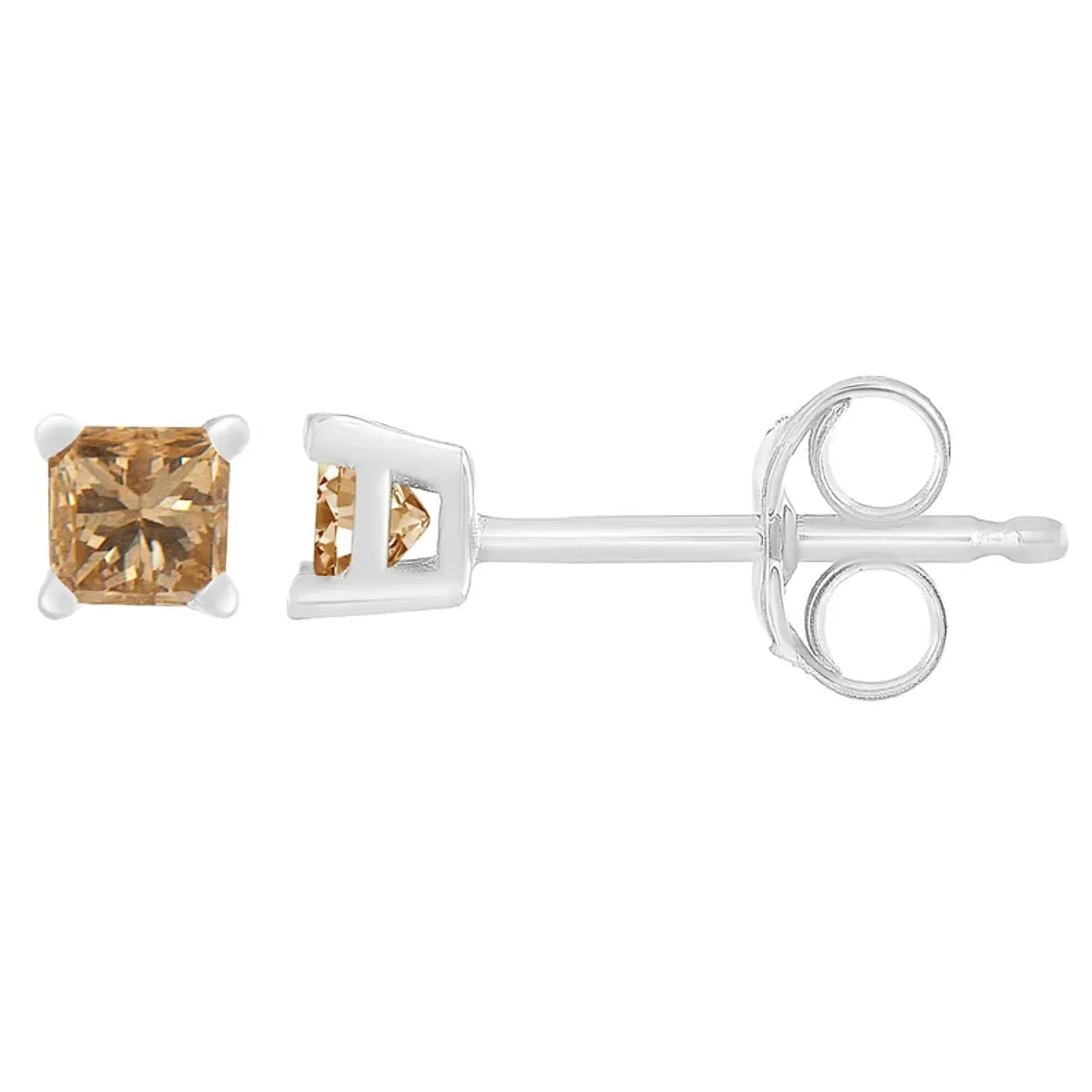 14K White Gold 1/5 Cttw Princess-Cut Square Champagne Diamond Stud Earrings (Natural Color, I2-I3 Clarity)