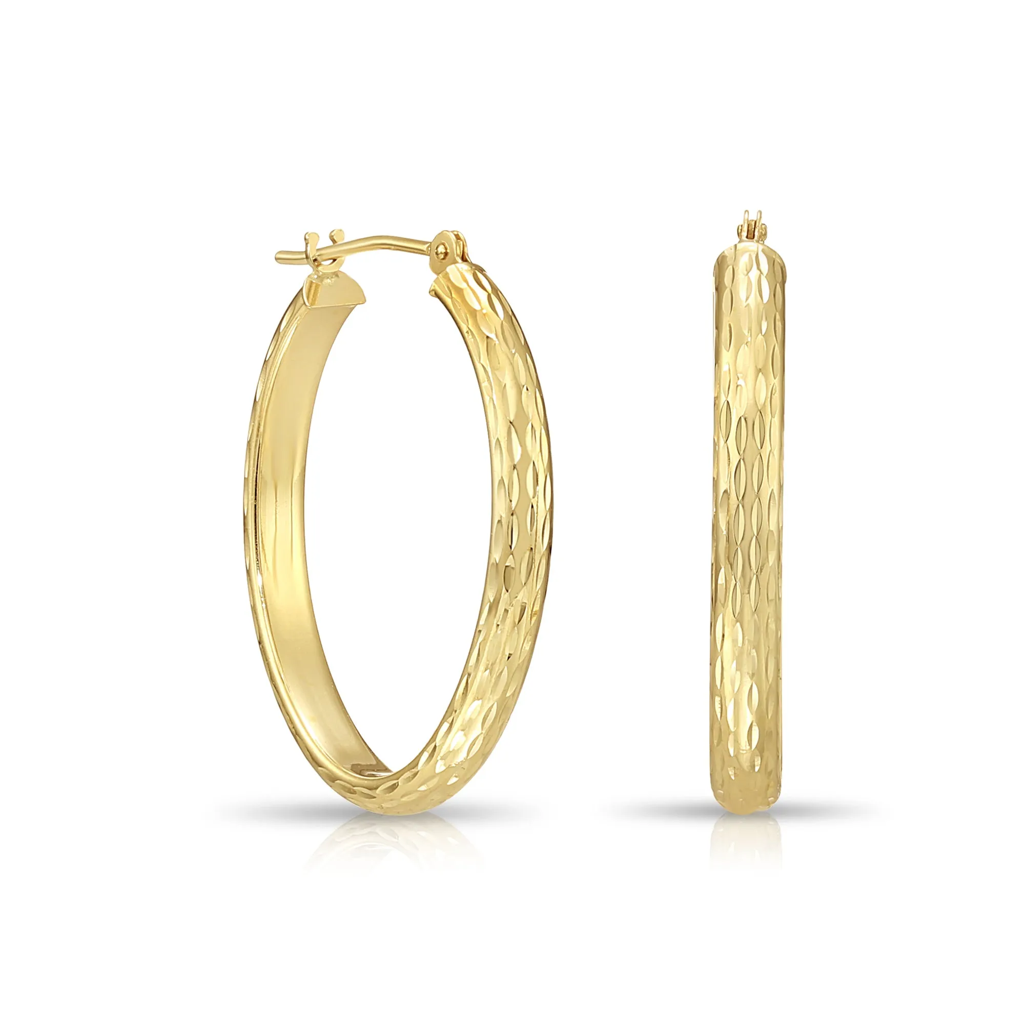 14K Yellow Gold Full Diamond-Cut Oval Hoop Earrings