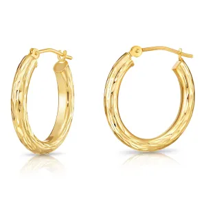 14K Yellow Gold Full Diamond-Cut Oval Hoop Earrings