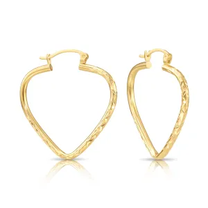 14k Yellow Gold Heart Hoop Earrings, Medium Hoops with Engravings, Spiral Diamond-Cut Design #14