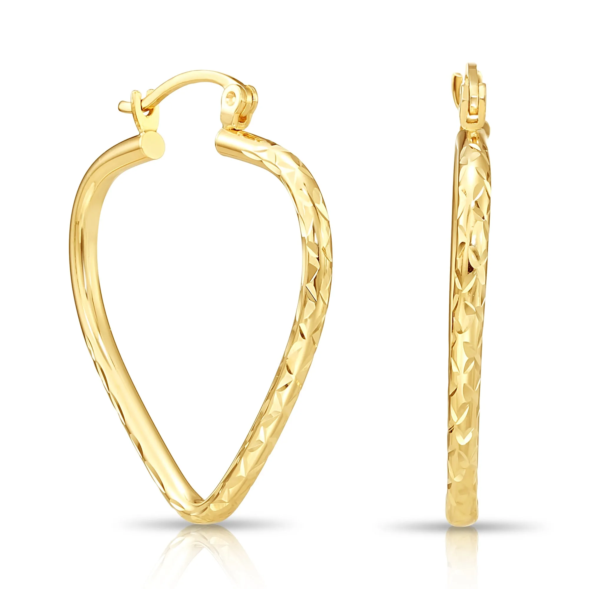 14k Yellow Gold Heart Hoop Earrings, Medium Hoops with Engravings, Spiral Diamond-Cut Design #14