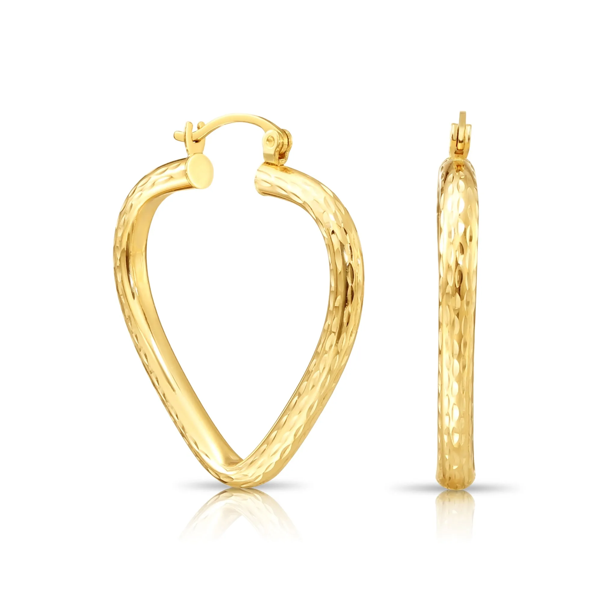 14k Yellow Gold Heart Hoop Earrings, Medium Hoops with Hand Engraved Diamond-Cuts #25