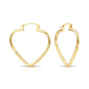 14k Yellow Gold Heart Hoop Earrings, Medium Hoops with Hand Engraved Floral Diamond-Cuts #22