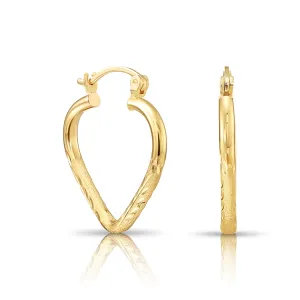 14k Yellow Gold Heart Hoop Earrings, Small Hoops with Hand Engraved Floral Diamond-Cuts #28