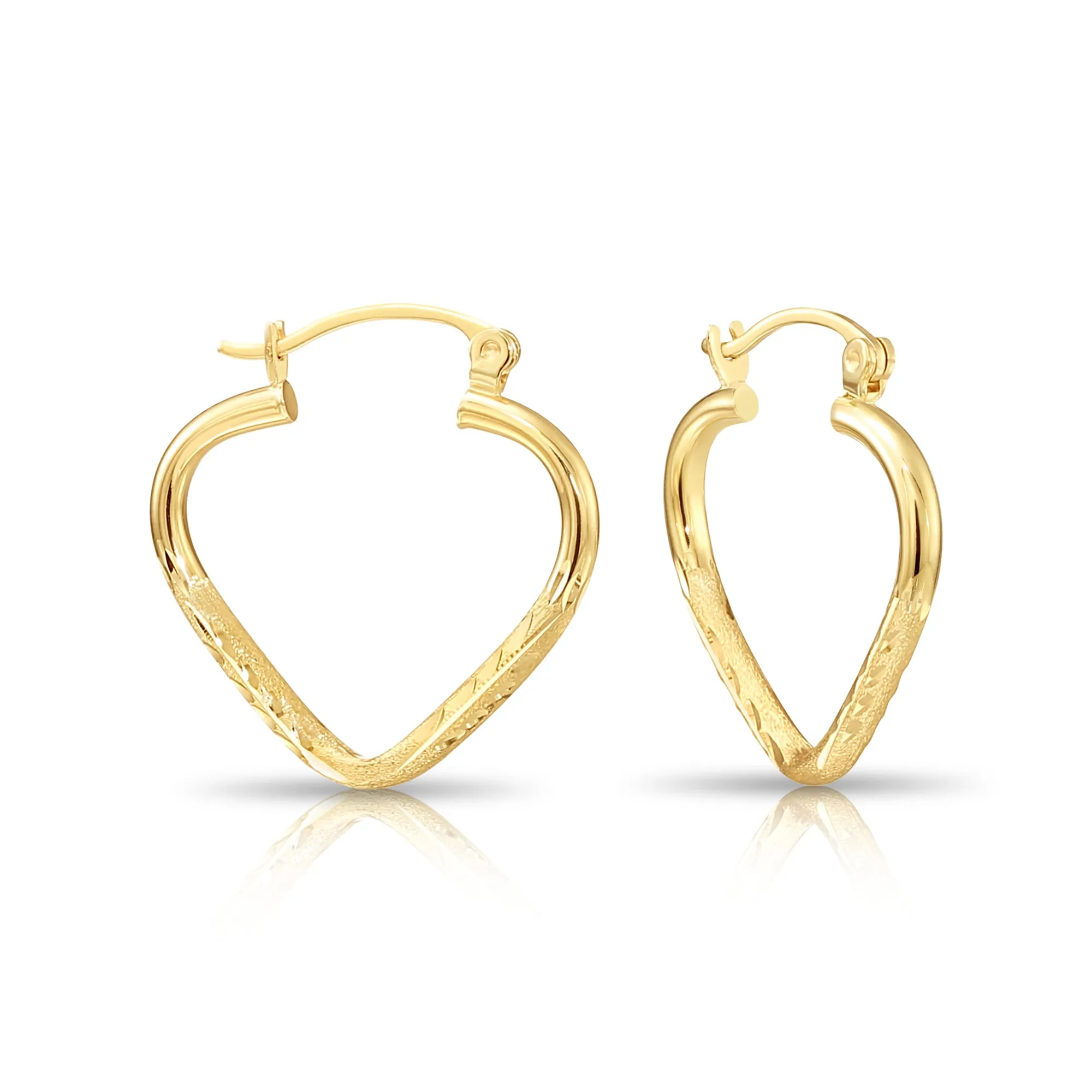 14k Yellow Gold Heart Hoop Earrings, Small Hoops with Hand Engraved Floral Diamond-Cuts #28