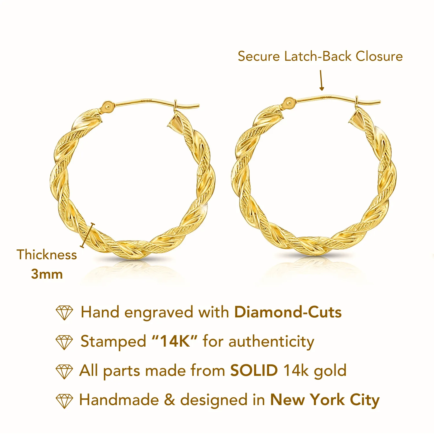 14k Yellow Gold Twisted Round Hoop Earrings with Hand Engraved Design