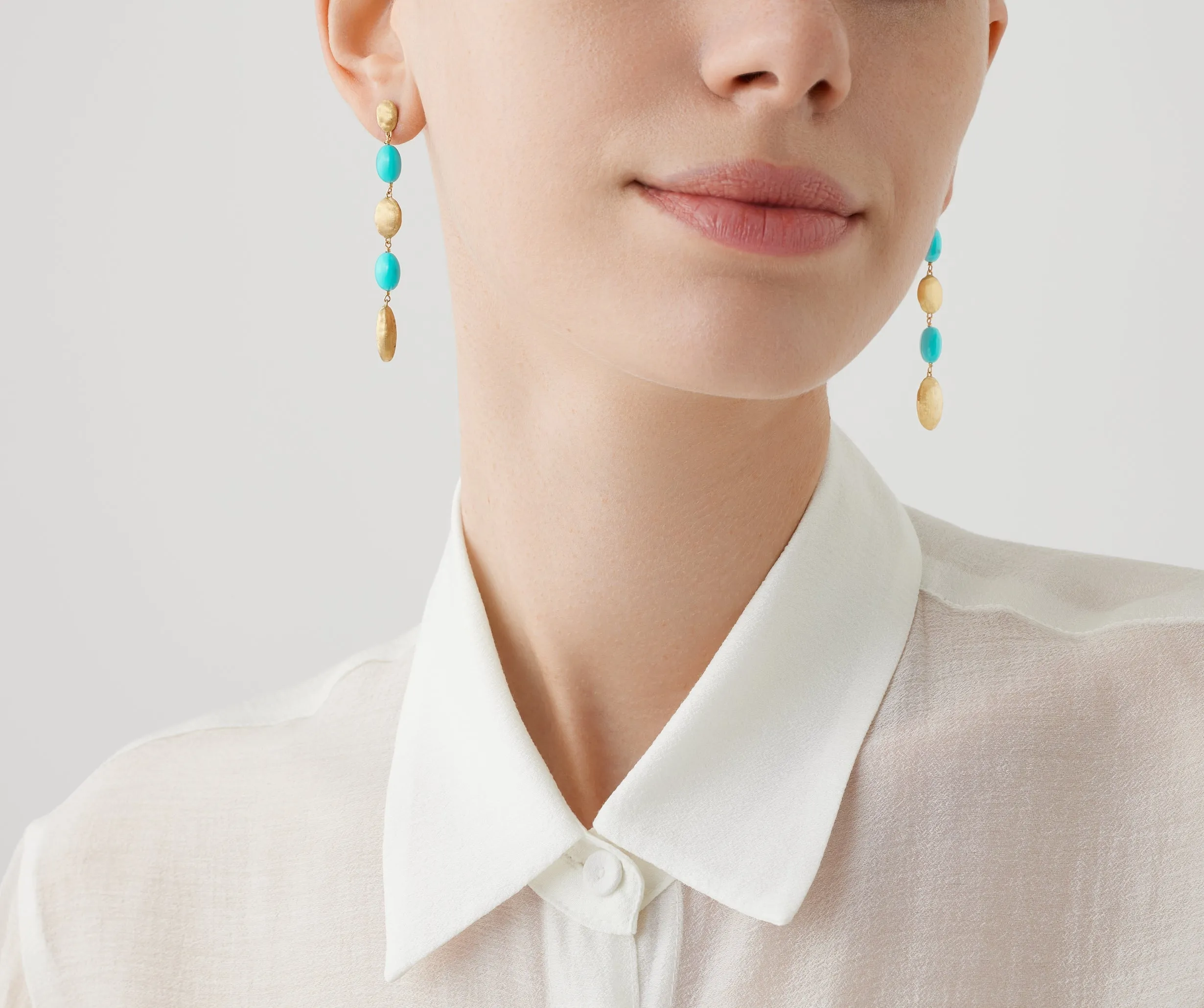 18K Yellow Gold Long Drop Earrings with Turquoise