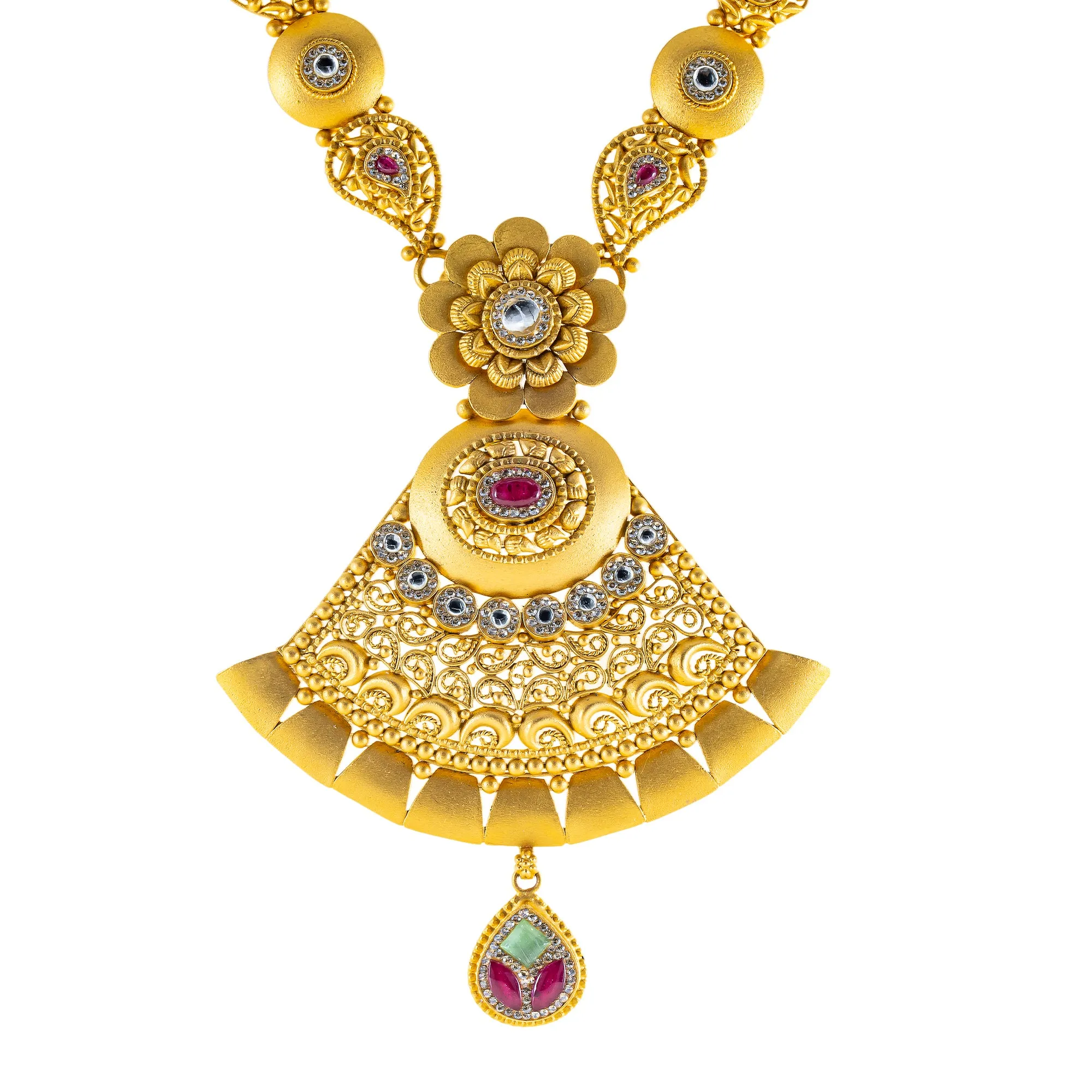 22K Yellow Gold Bridal Necklace Set w/ CZ, Emerald, Kundan & Ruby (62.5gm)