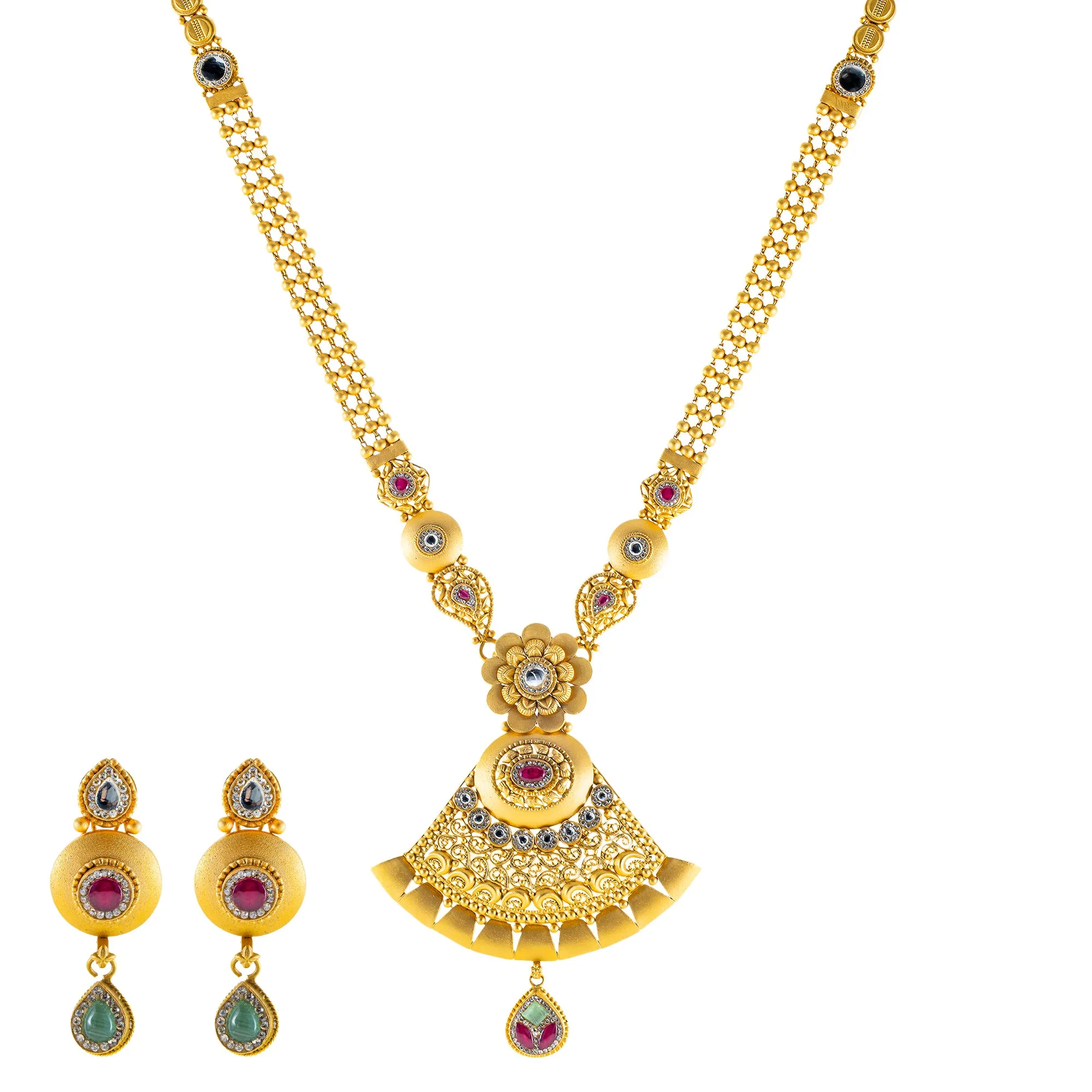 22K Yellow Gold Bridal Necklace Set w/ CZ, Emerald, Kundan & Ruby (62.5gm)