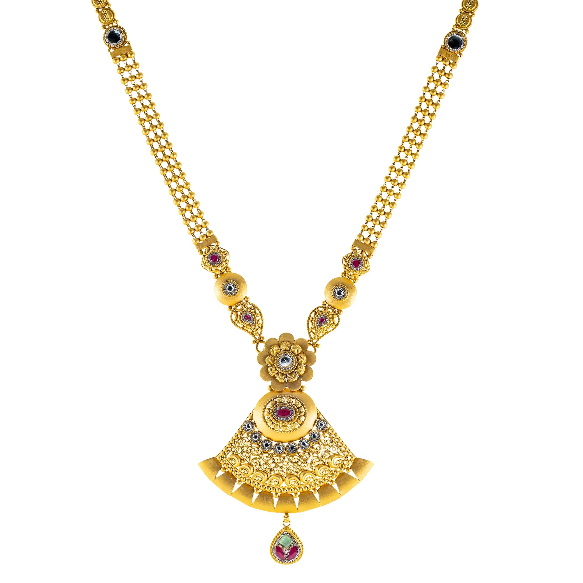 22K Yellow Gold Bridal Necklace Set w/ CZ, Emerald, Kundan & Ruby (62.5gm)