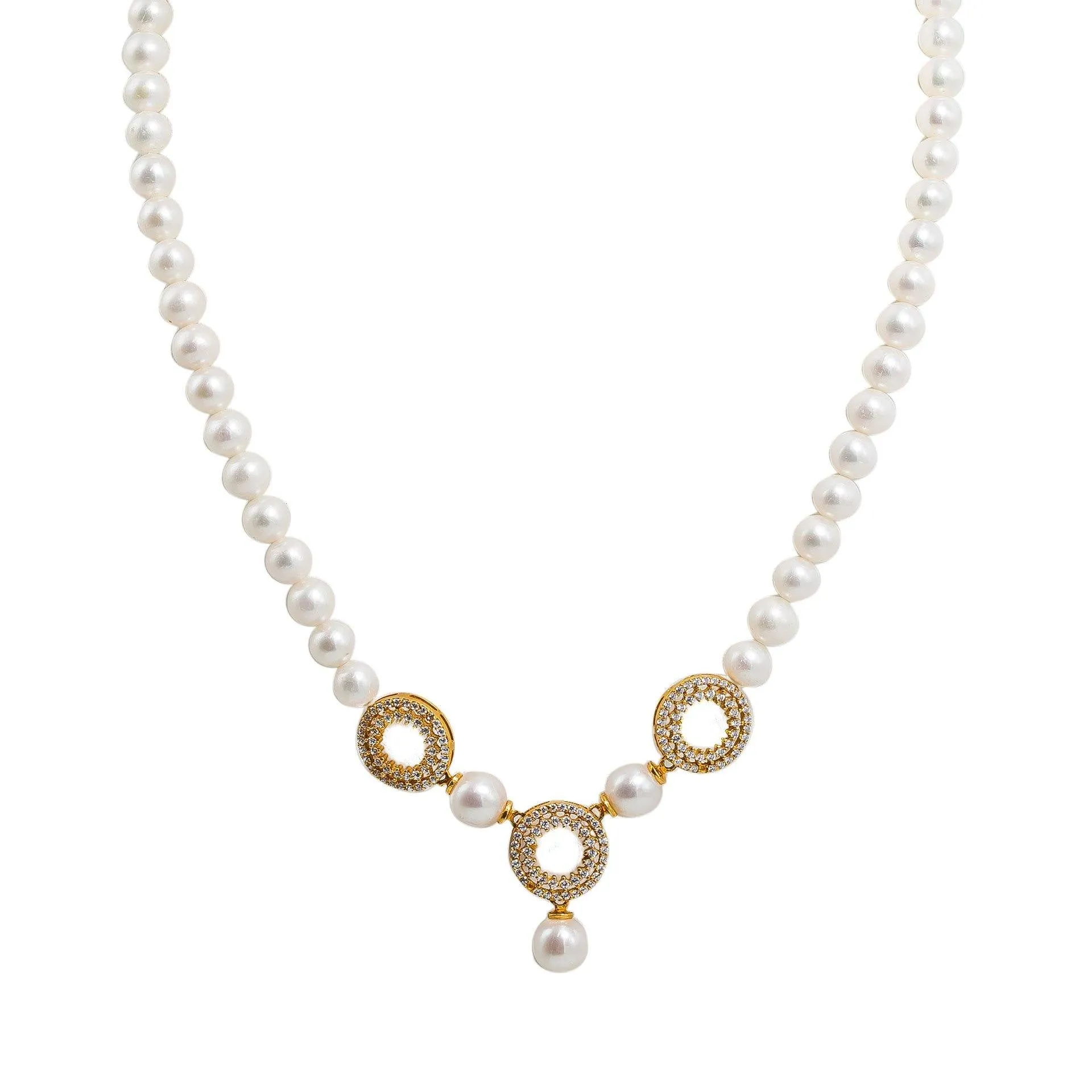 22K Yellow Gold Pearl Necklace & Earrings Set W/ Pearls, CZ Gems & Round Eyelet Accents