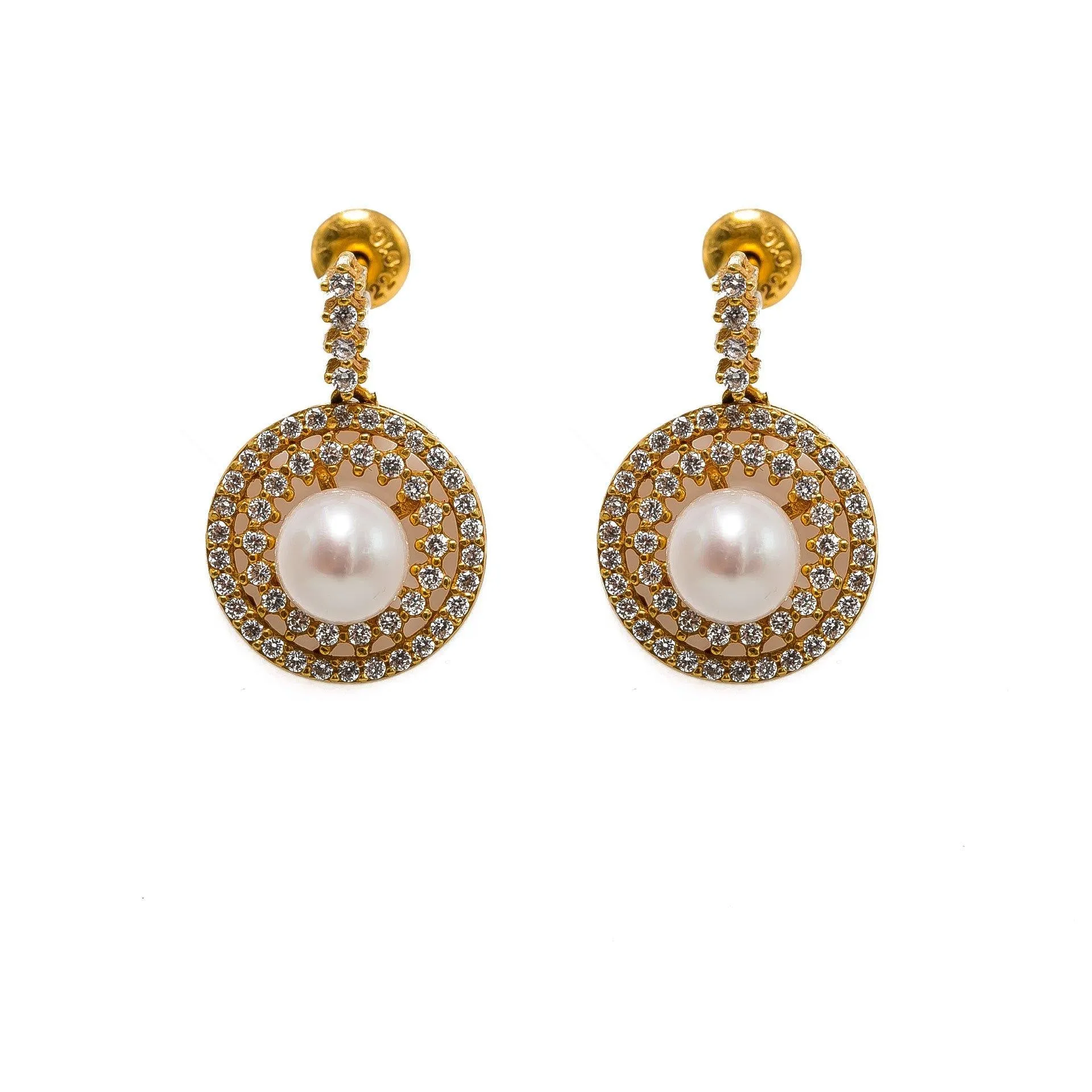 22K Yellow Gold Pearl Necklace & Earrings Set W/ Pearls, CZ Gems & Round Eyelet Accents