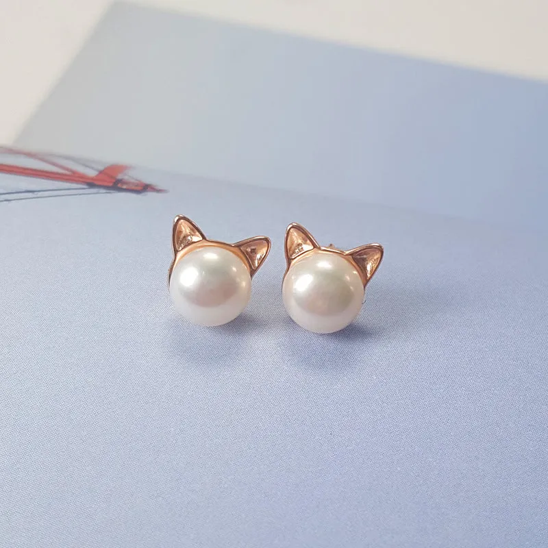 925 sterling silver natural freshwater pearl sprouting cat cat ears earrings