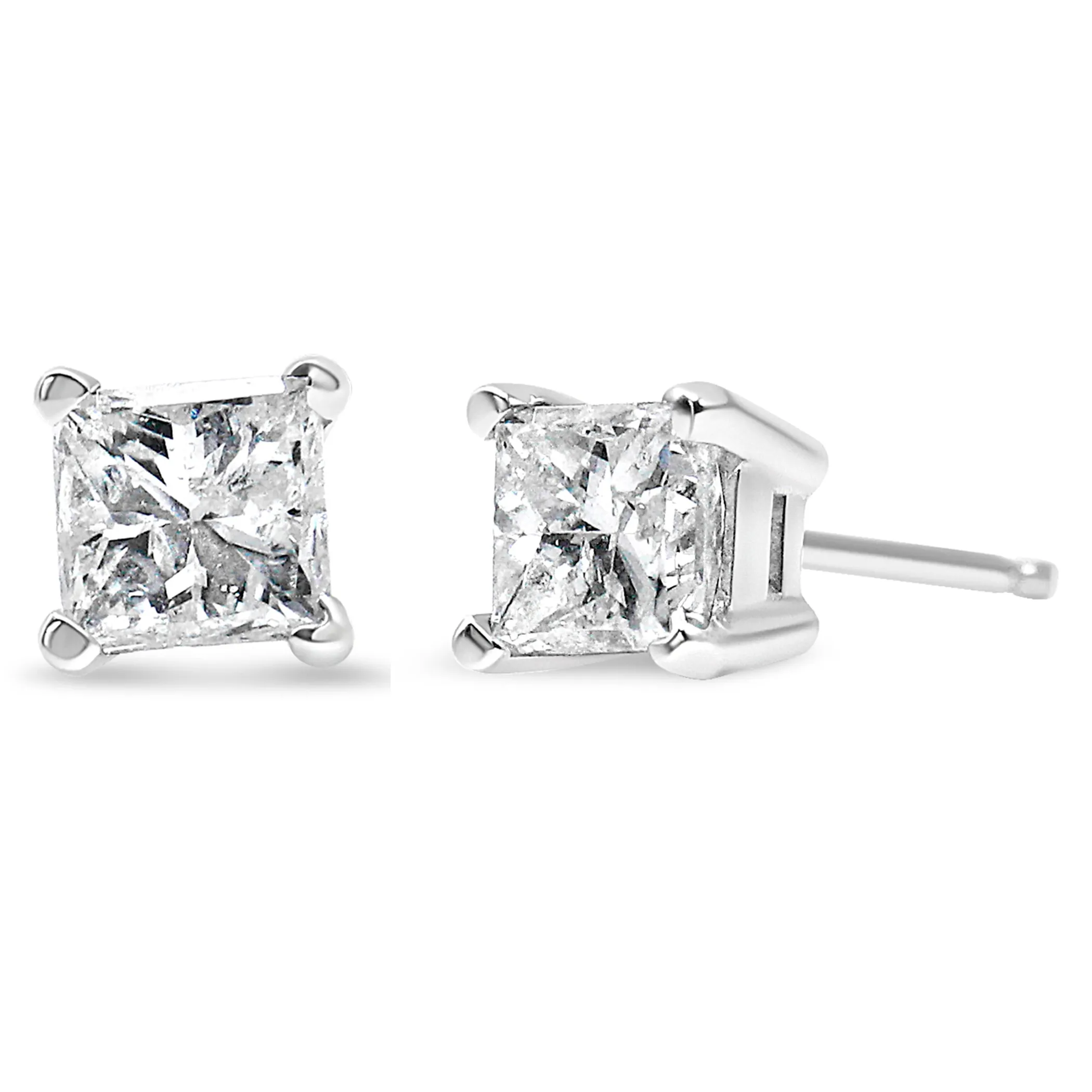 AGS Certified Princess-Cut Square Diamond Solitaire Stud Earrings in 14K Gold (J-K Color, SI1-SI2 Clarity)