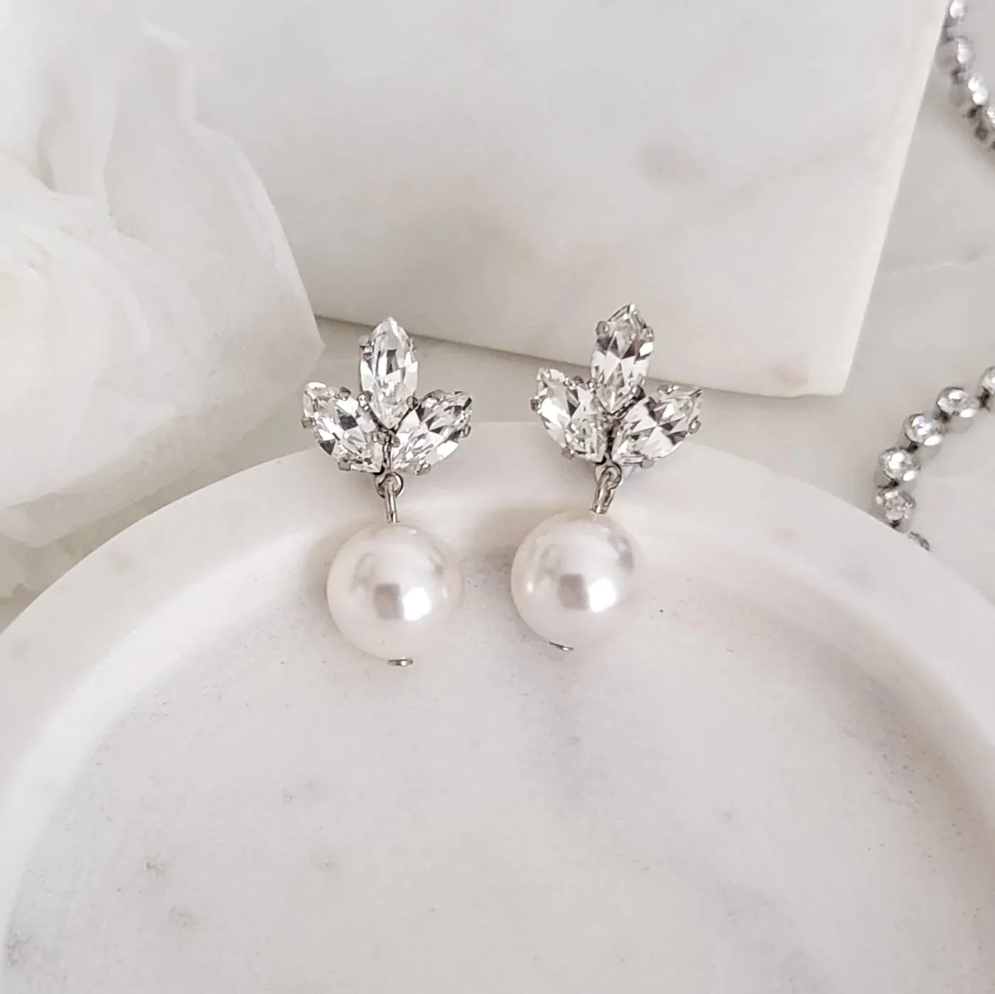 Anastasia Pearl - Silver Crystal Bridal Pearl Drop Earrings