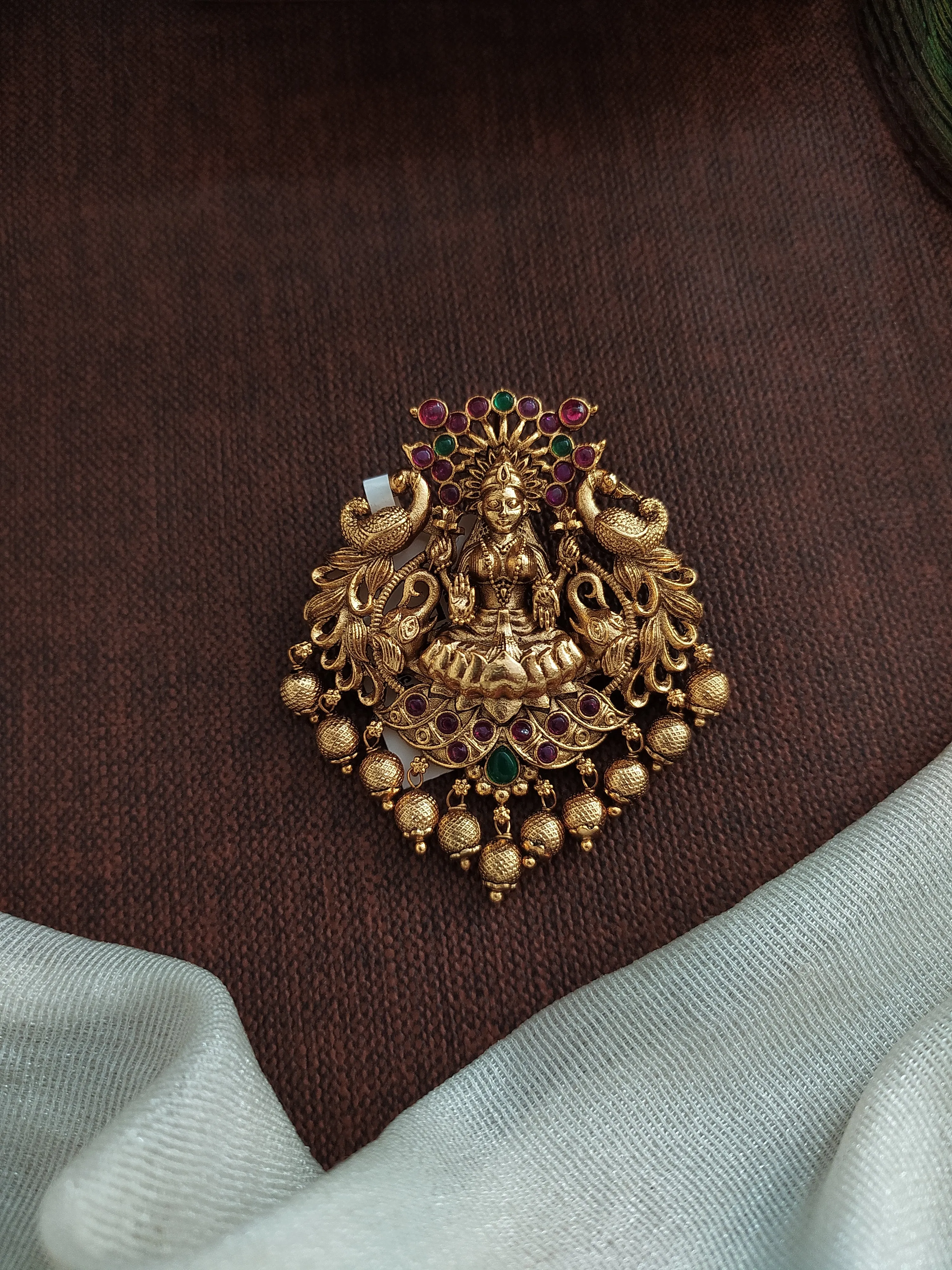 Antique Lakshmi Pendant Set in Red and Green with Jhumka Earrings