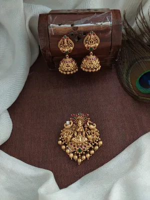 Antique Lakshmi Pendant Set in Red and Green with Jhumka Earrings