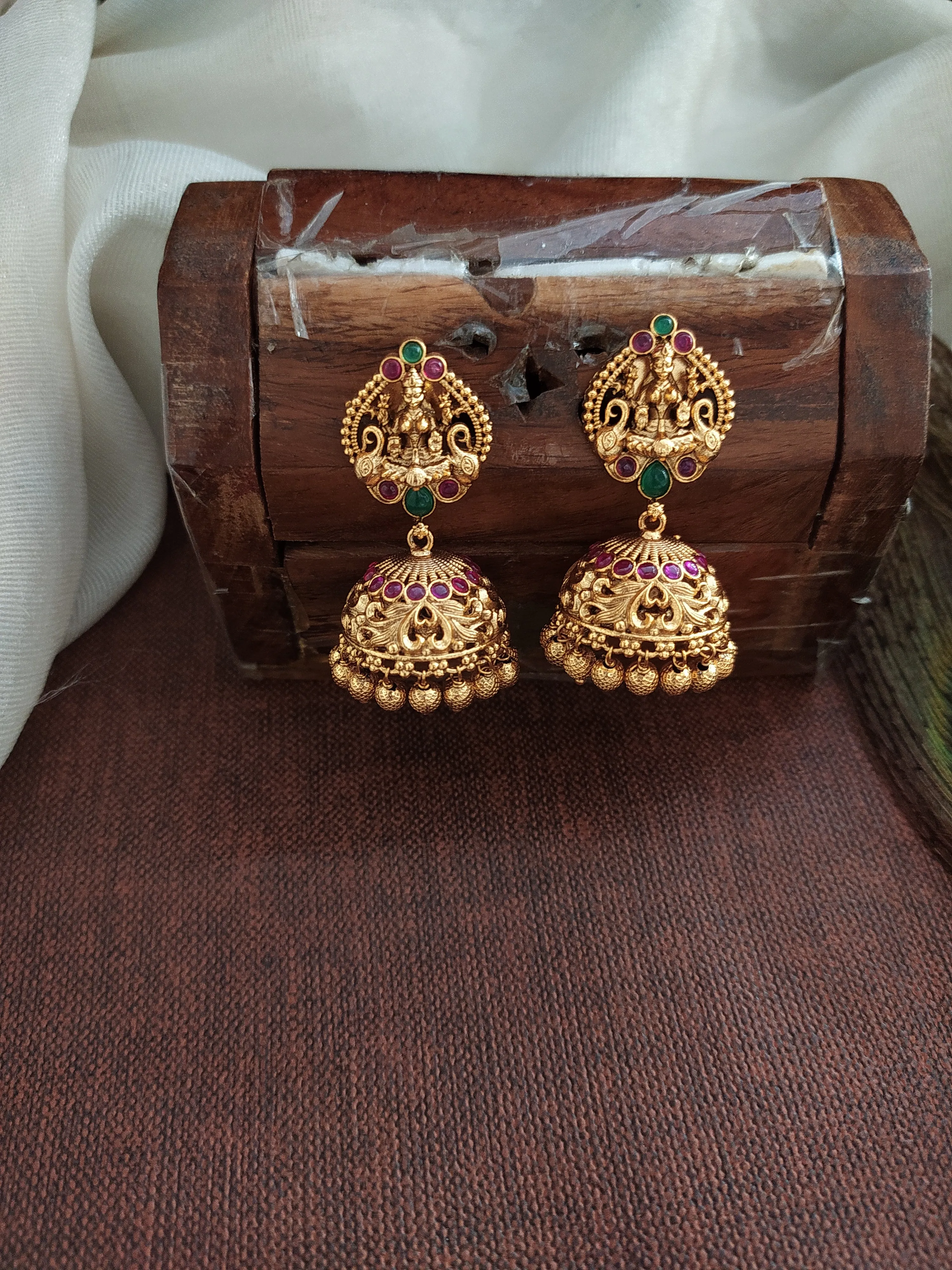 Antique Lakshmi Pendant Set in Red and Green with Jhumka Earrings