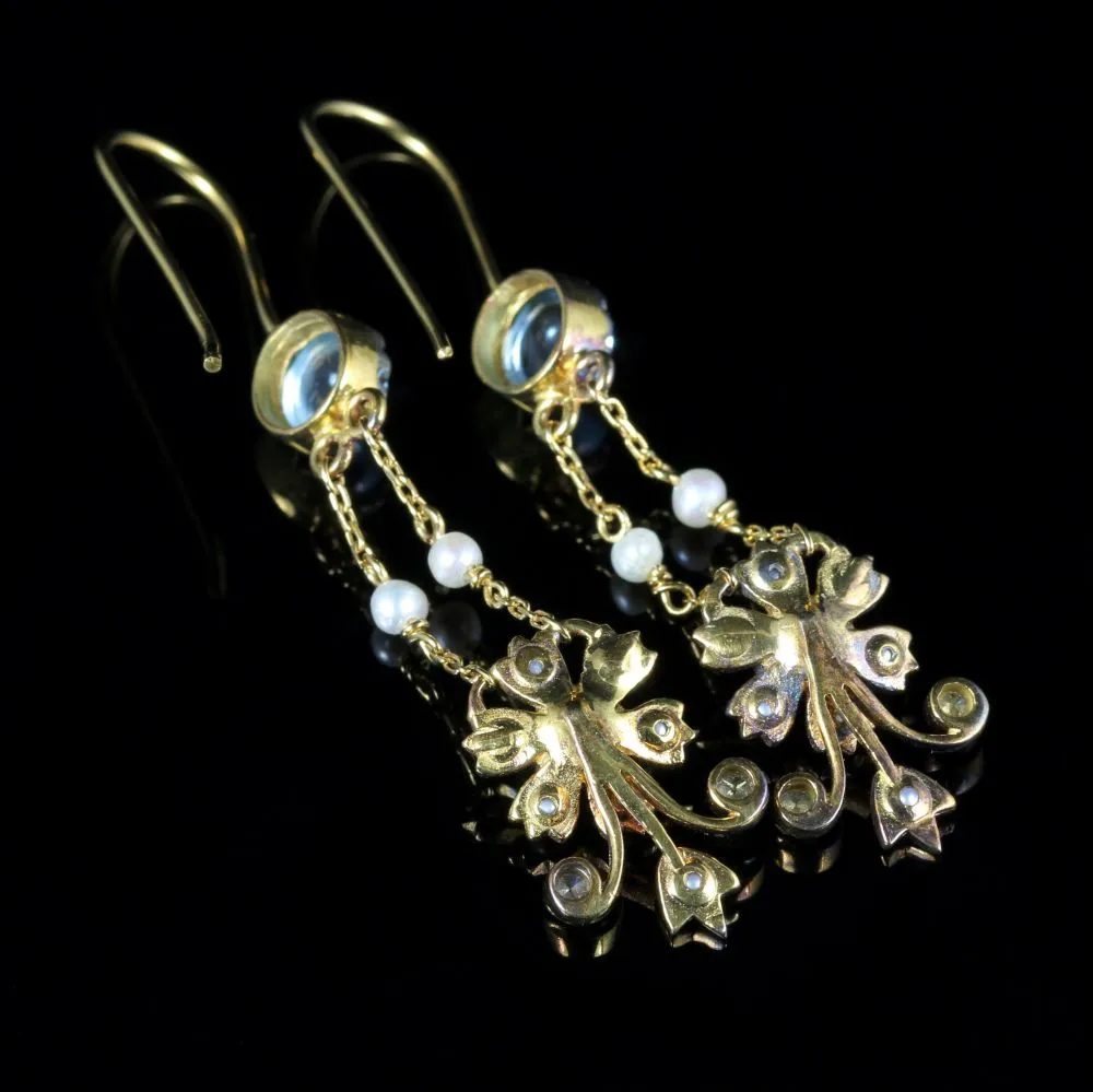 Aquamarine Pearl Diamond Earrings 18Ct Yellow Gold