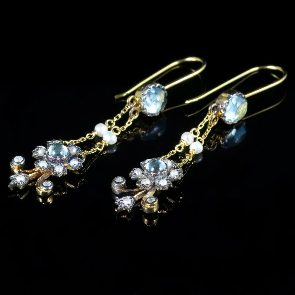 Aquamarine Pearl Diamond Earrings 18Ct Yellow Gold