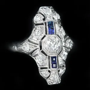 Art Deco 0.25 Carat Old Mine Cut Diamond and Sapphire Ring