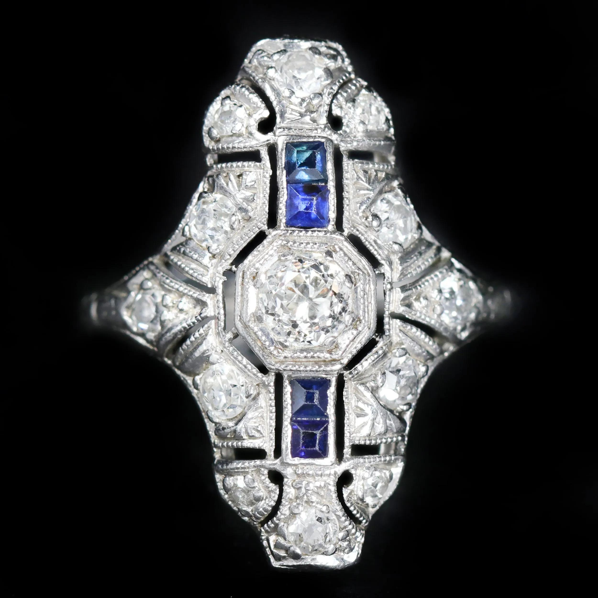 Art Deco 0.25 Carat Old Mine Cut Diamond and Sapphire Ring