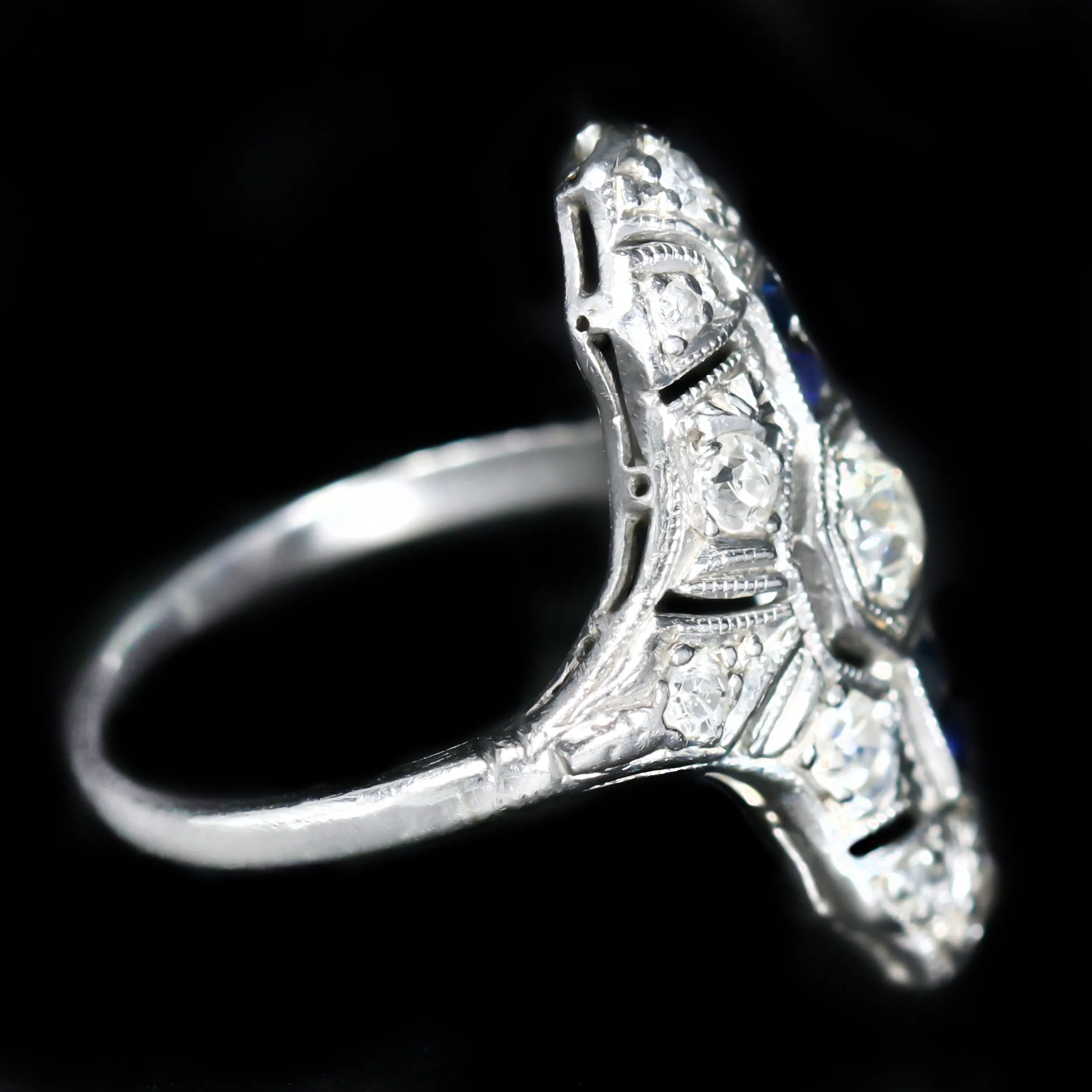 Art Deco 0.25 Carat Old Mine Cut Diamond and Sapphire Ring