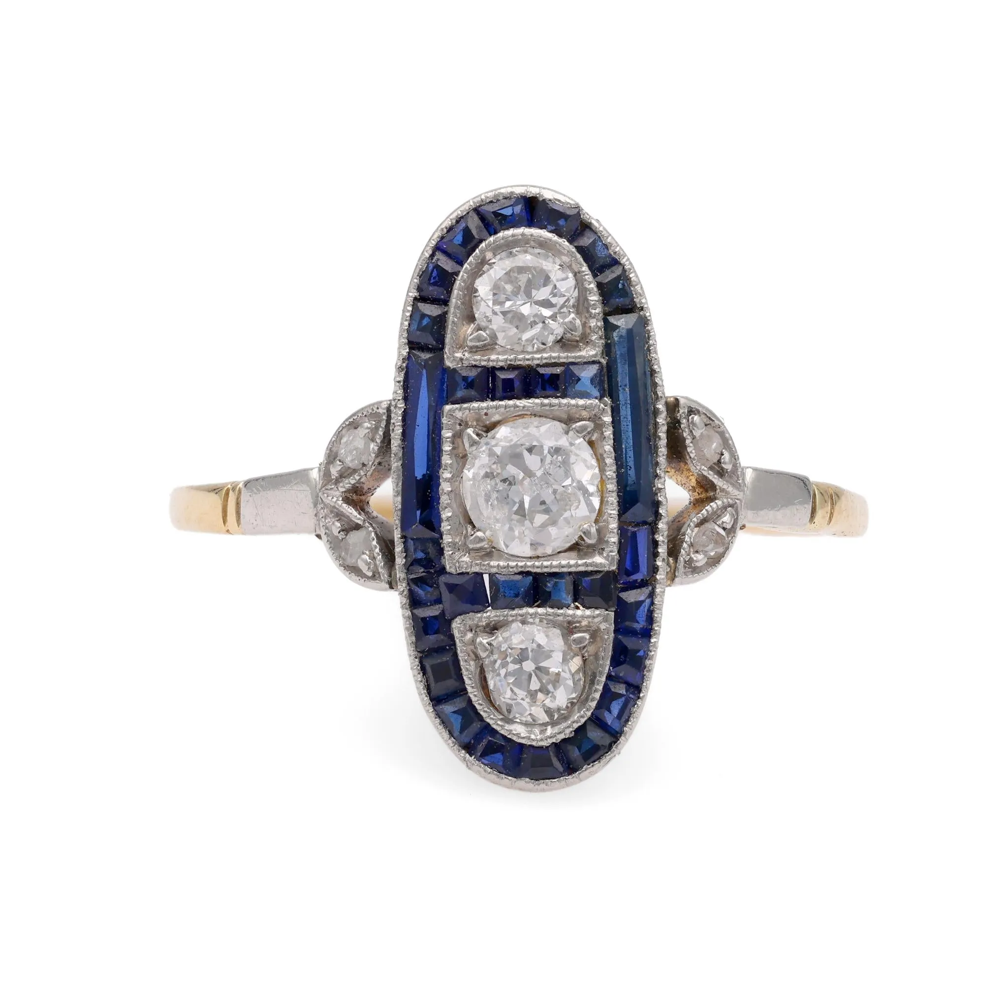 Art Deco Diamond Sapphire Yellow Gold & Platinum Ring