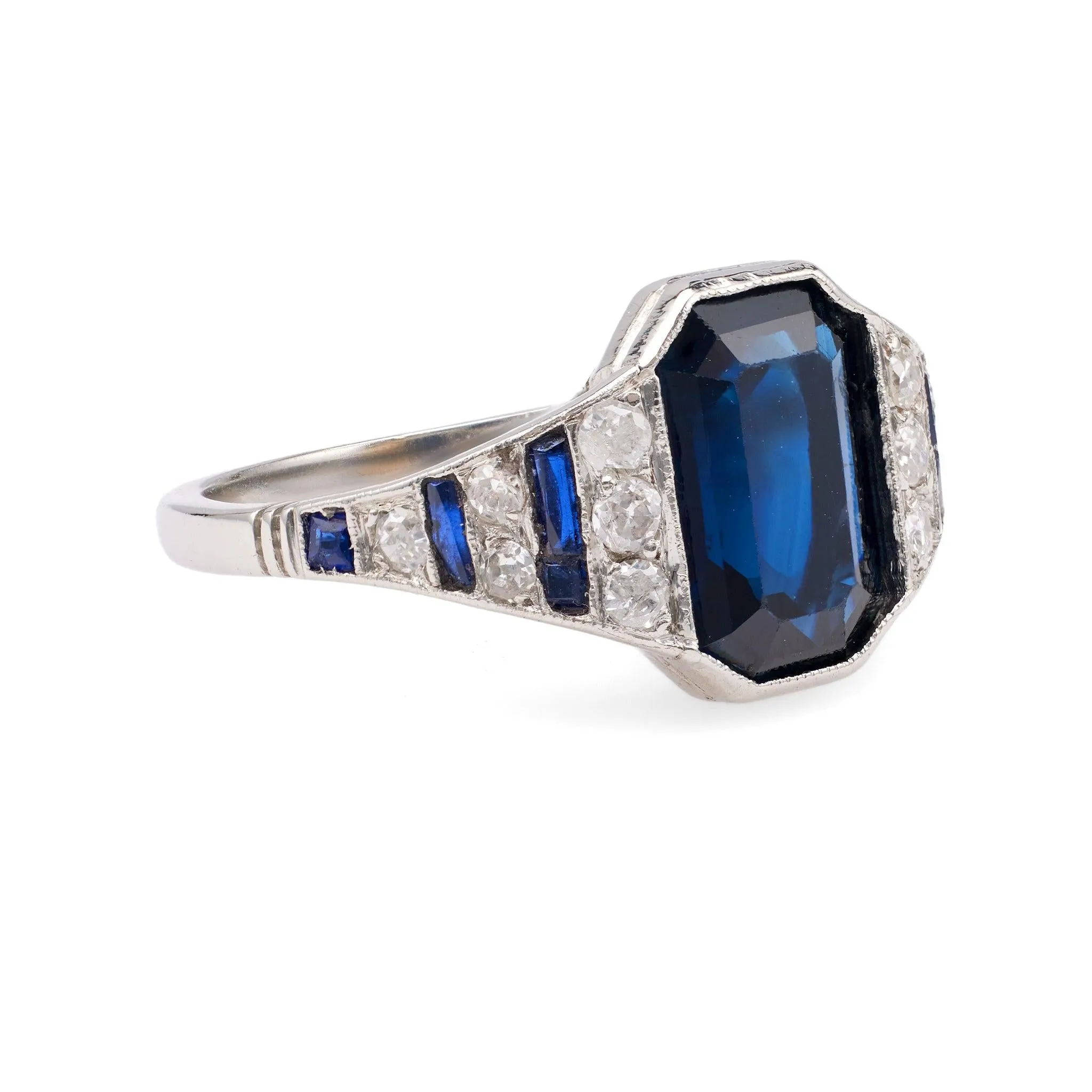 Art Deco French GIA 2.65 Carat Australian No Heat Sapphire Diamond 18k White Gol