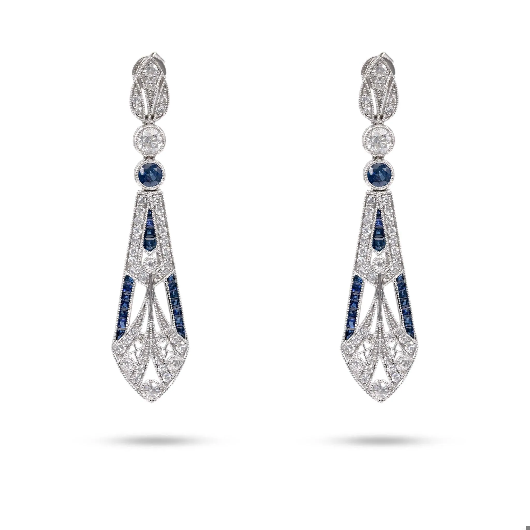 Art Deco Inspired Diamond Sapphire Platinum Dangle Earrings