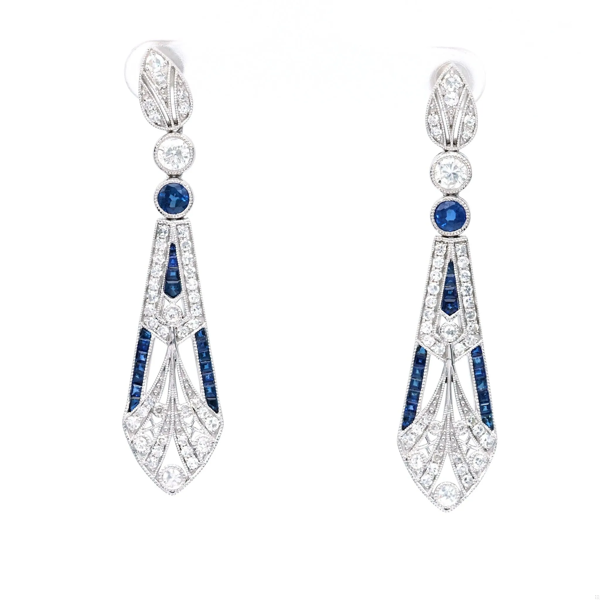 Art Deco Inspired Diamond Sapphire Platinum Dangle Earrings