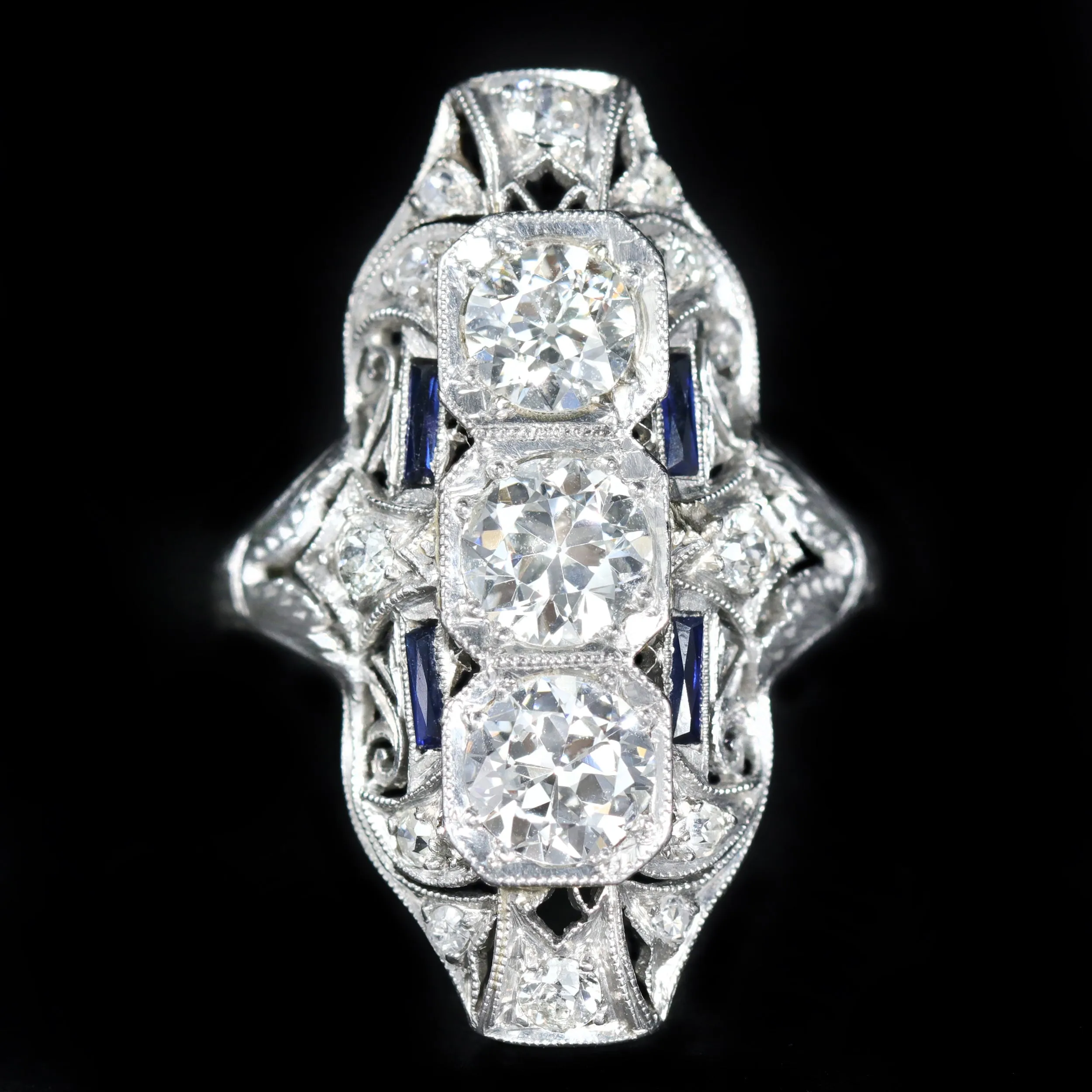 Art Deco Platinum 2.12 CTW Diamond & Sapphire Ring