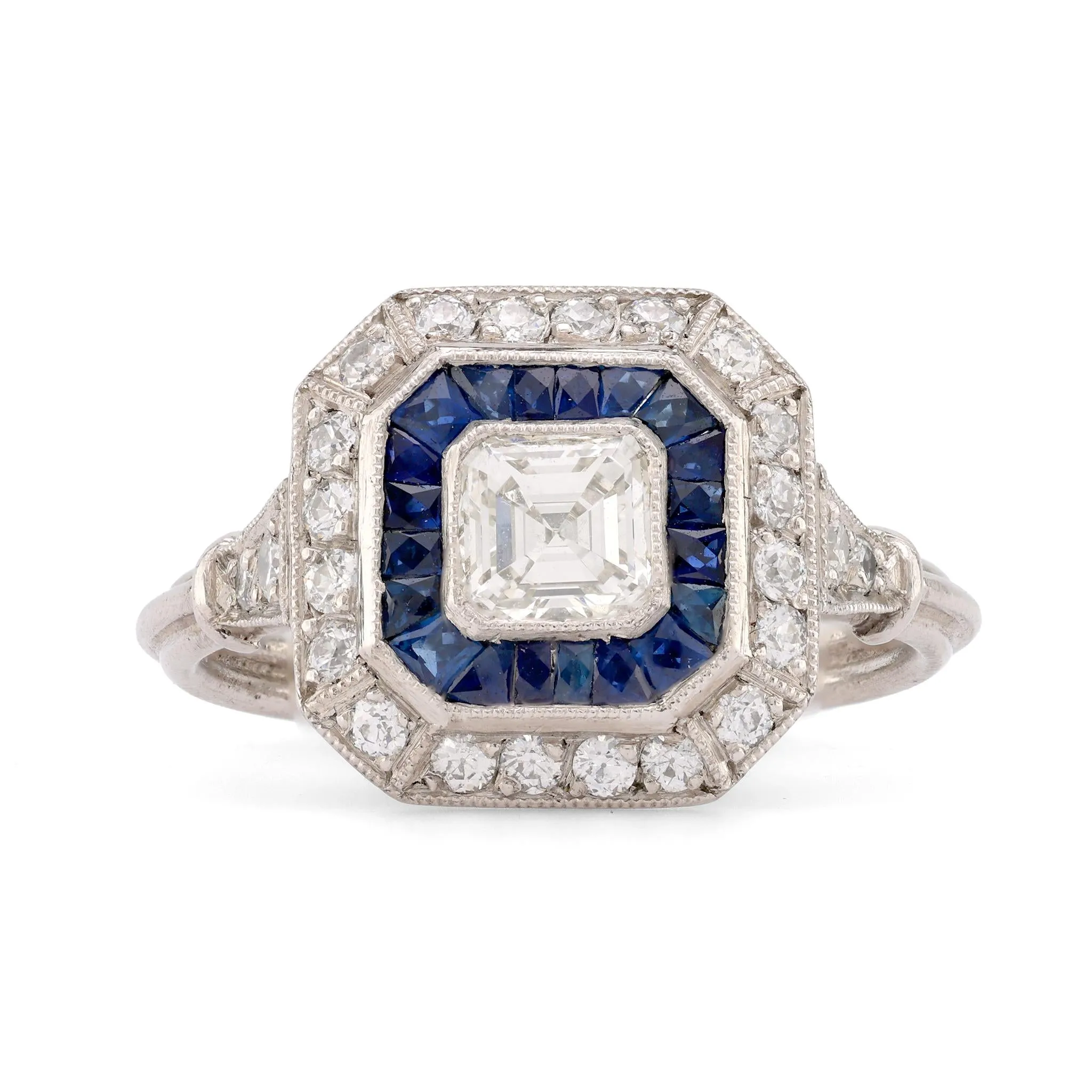 Art Deco Style Diamond Sapphire Platinum Square Halo Ring