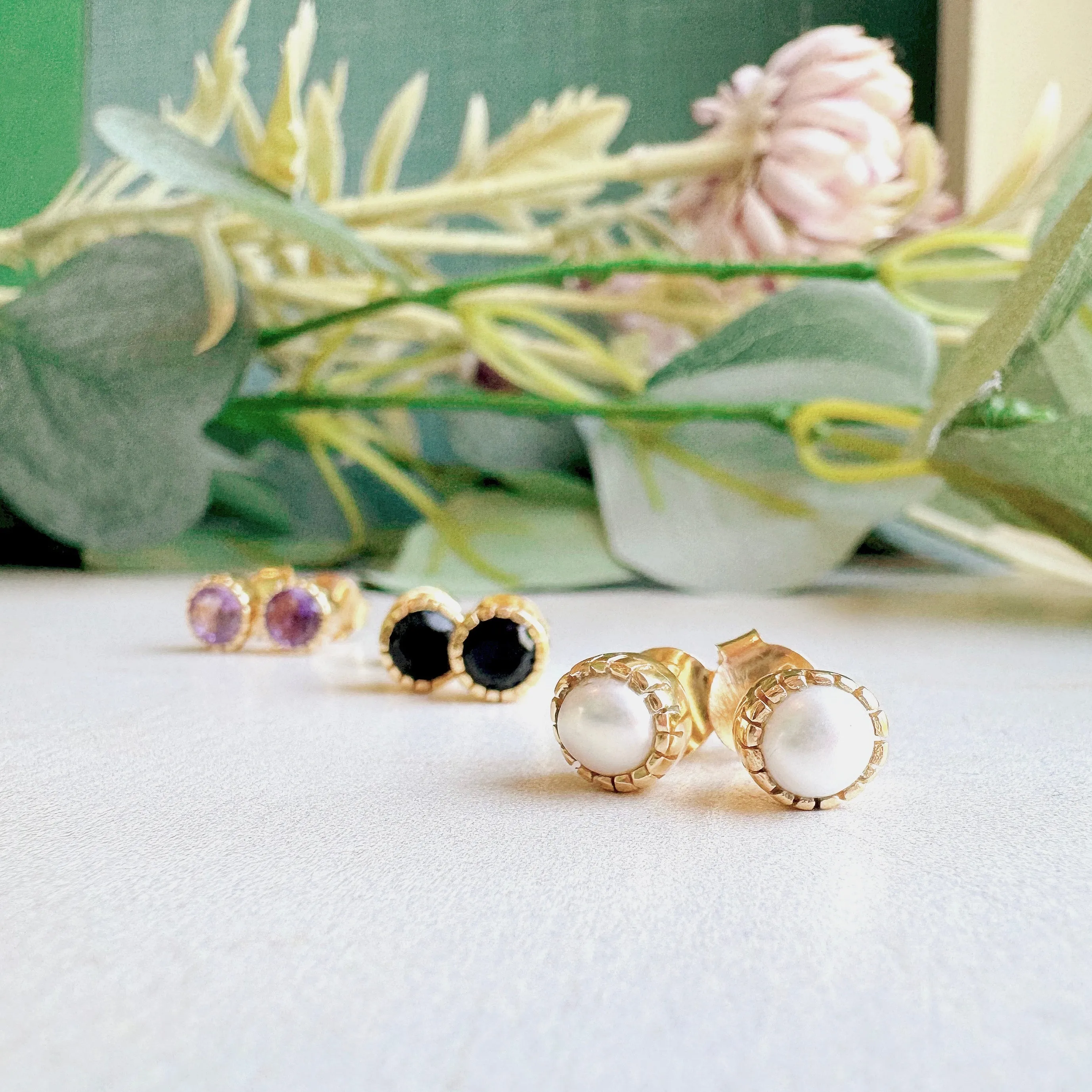 Artisan Stud Earrings: Gold Vermeil Black Spinel