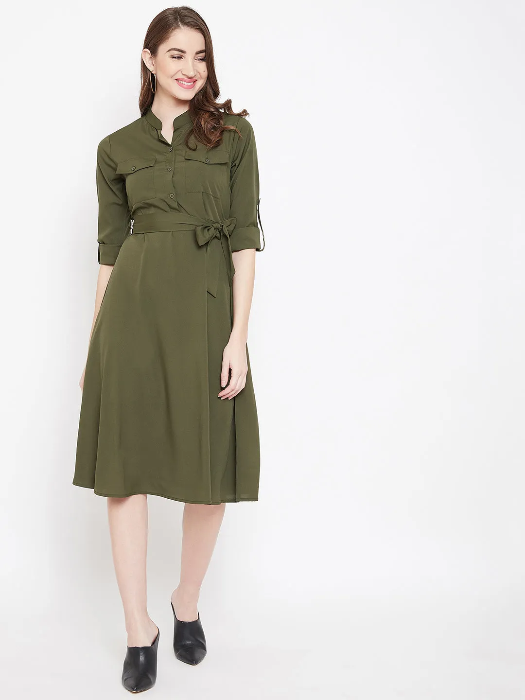 Berrylush Women Solid Olive Green Mandarin Collar Button-Up Flared Midi Shirt Dress