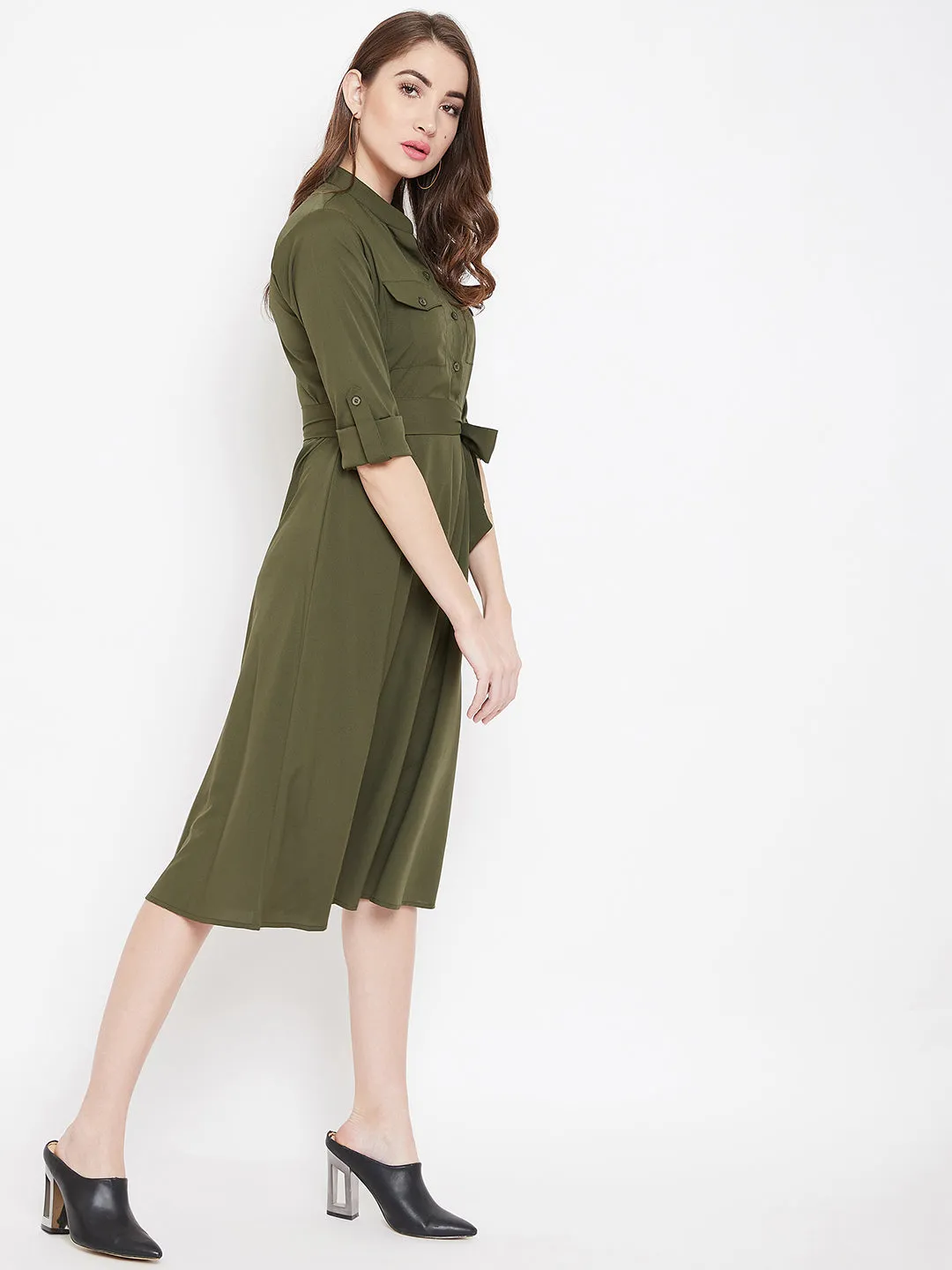 Berrylush Women Solid Olive Green Mandarin Collar Button-Up Flared Midi Shirt Dress