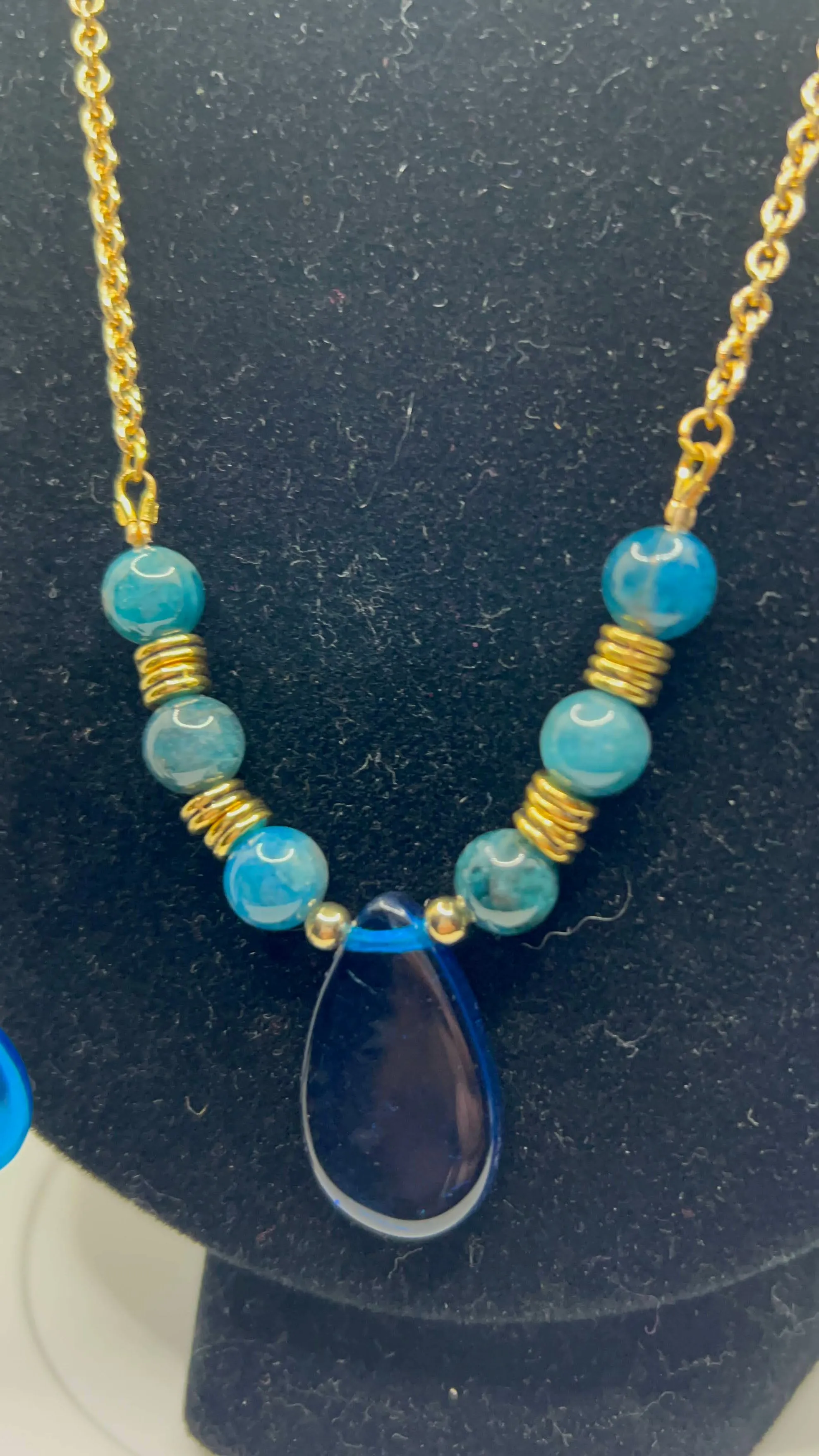 Blue Apatite with Blue Czech Glass Focal and Gold Chain Necklace and Blue Czech Glass Tear Drop and Gold Earrings