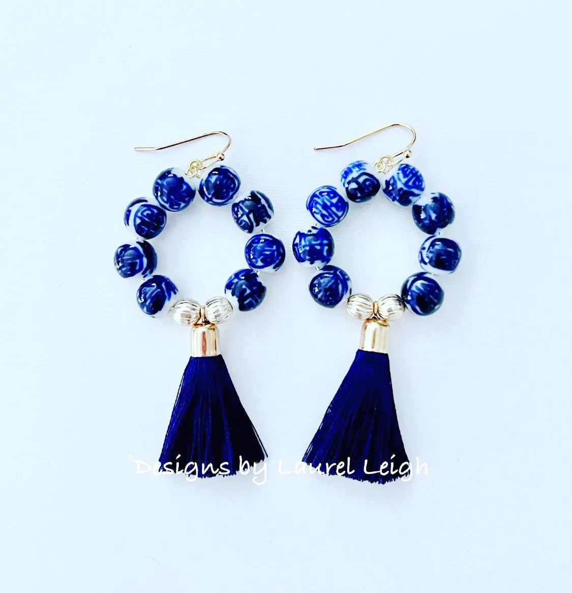 Chinoiserie Beaded Navy Tassel Hoop Earrings