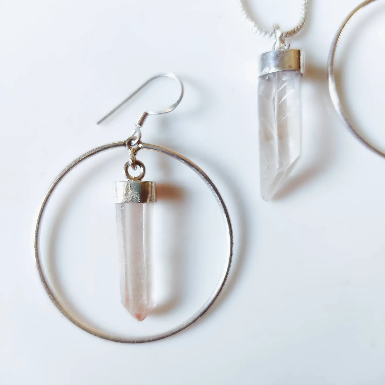 Clear Quartz Point Hoop Earrings and Necklace